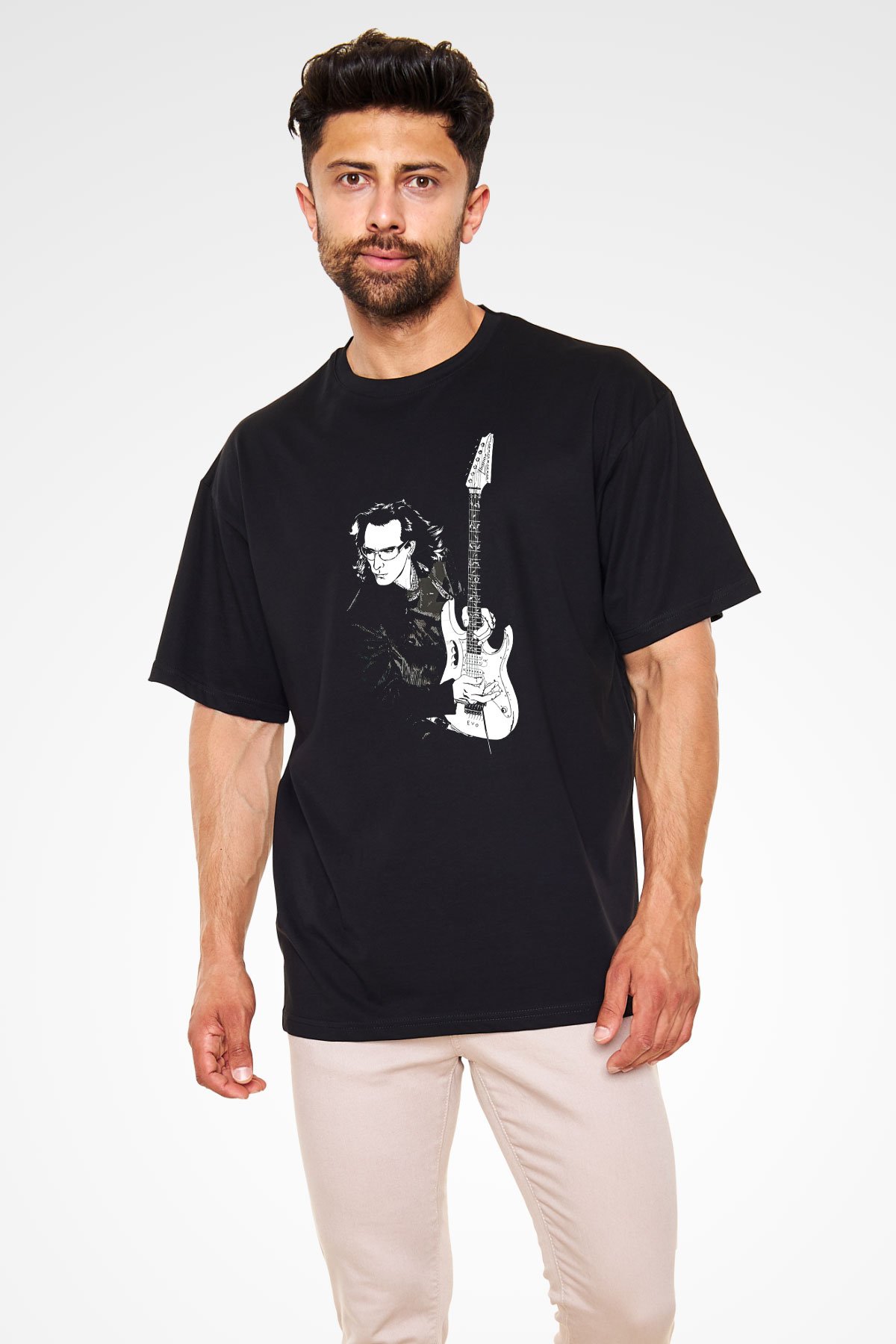 Steve Vai Baskılı Unisex Siyah Oversize Tişört - Tshirt