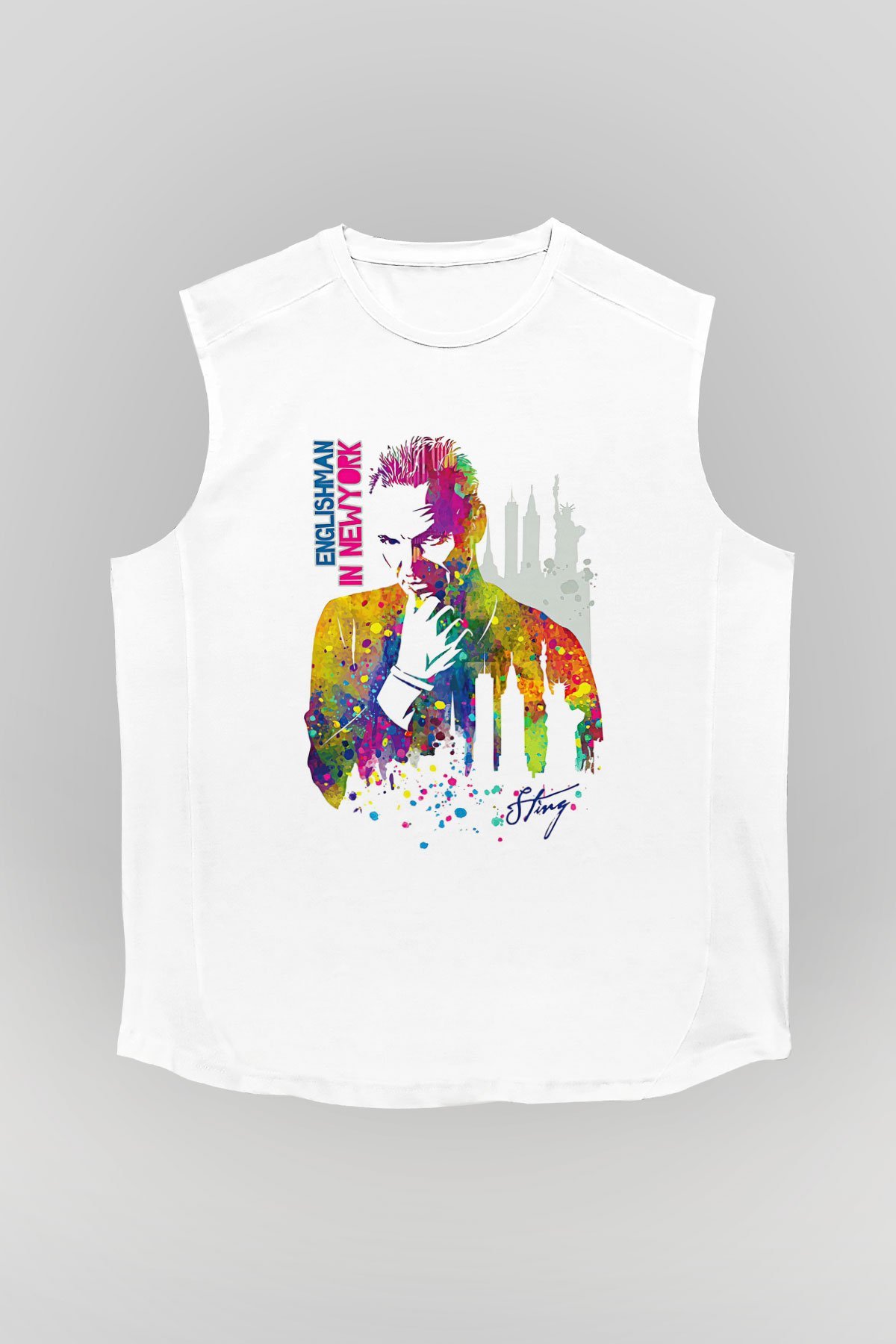 Sting Baskılı Beyaz Unisex Kolsuz Tişört - Tshirt