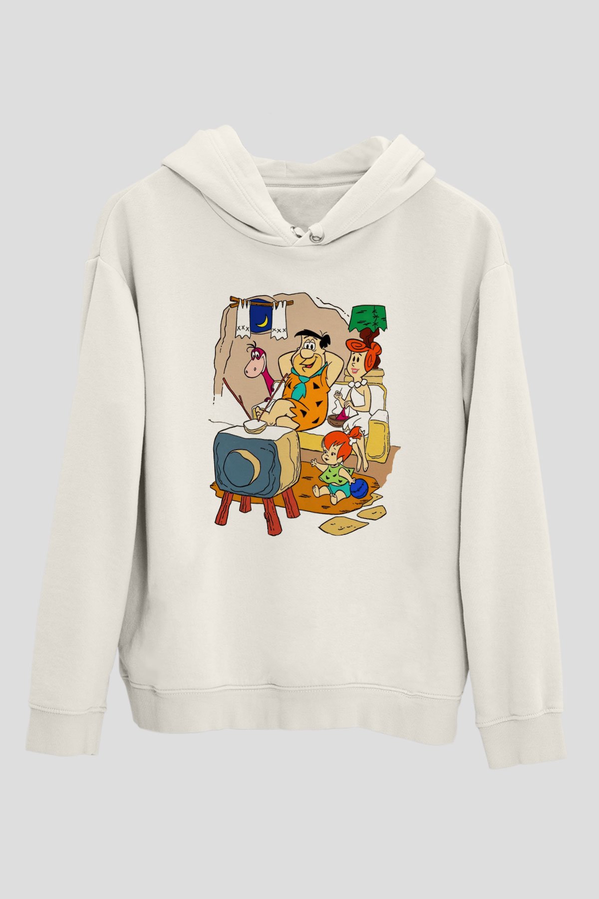 The Flintstones Taş Devri Beyaz Unisex Kapşonlu Sweatshirt