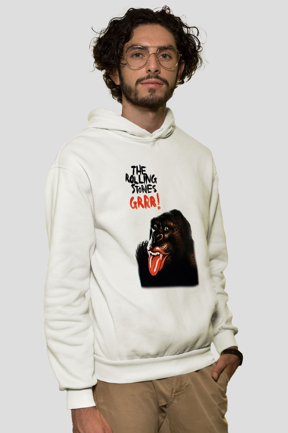 The Rolling Stones Logo Beyaz Unisex Kapşonlu Sweatshirt