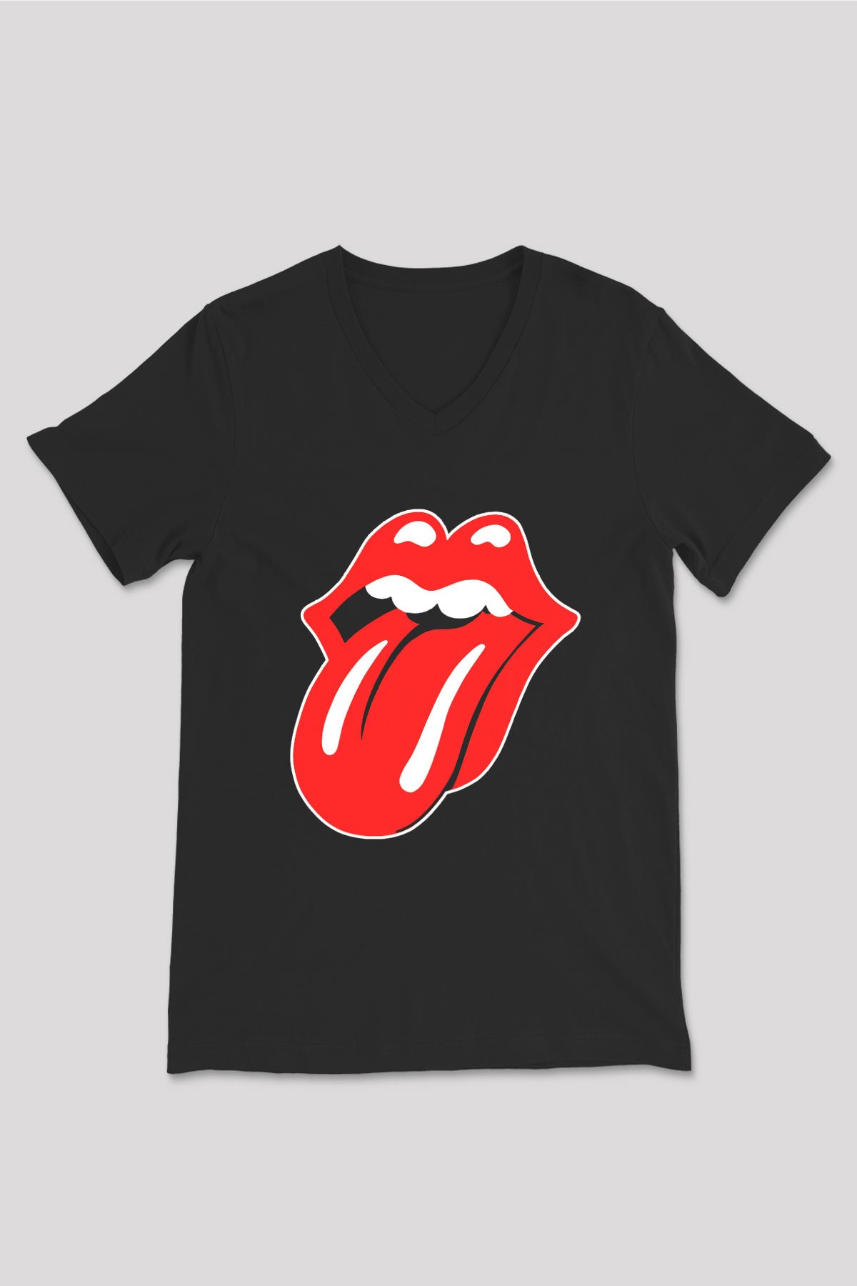 The Rolling Stones Logo Siyah Unisex V Yaka Tişört T-Shirt