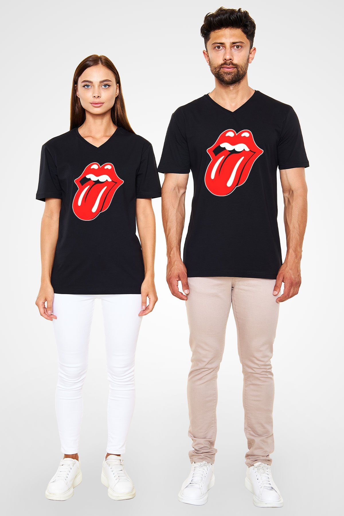 The Rolling Stones Logo Siyah Unisex V Yaka Tişört T-Shirt