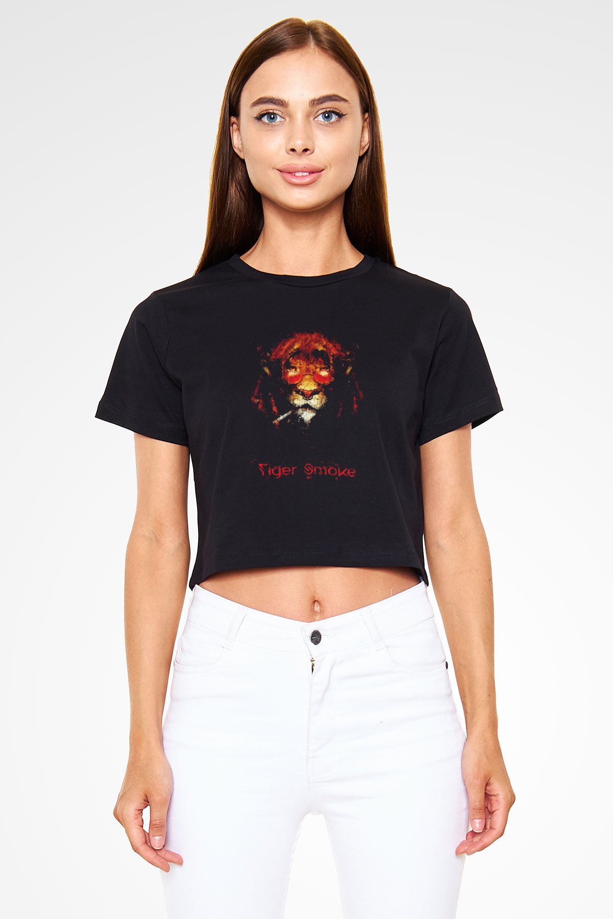 Tiger Smoke Baskılı  Siyah  Crop Top Tişört