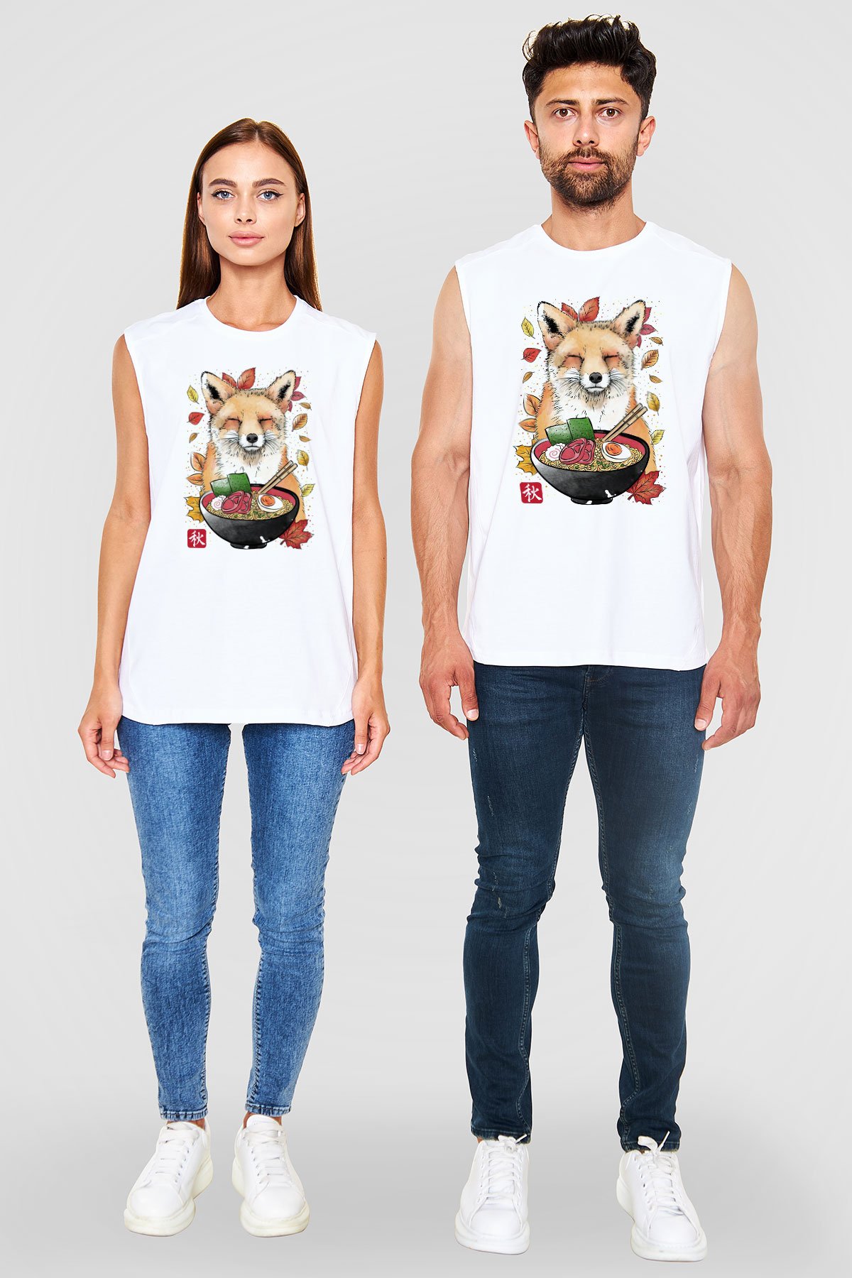 Tilki Baskılı Unisex Beyaz  Kolsuz Tişört