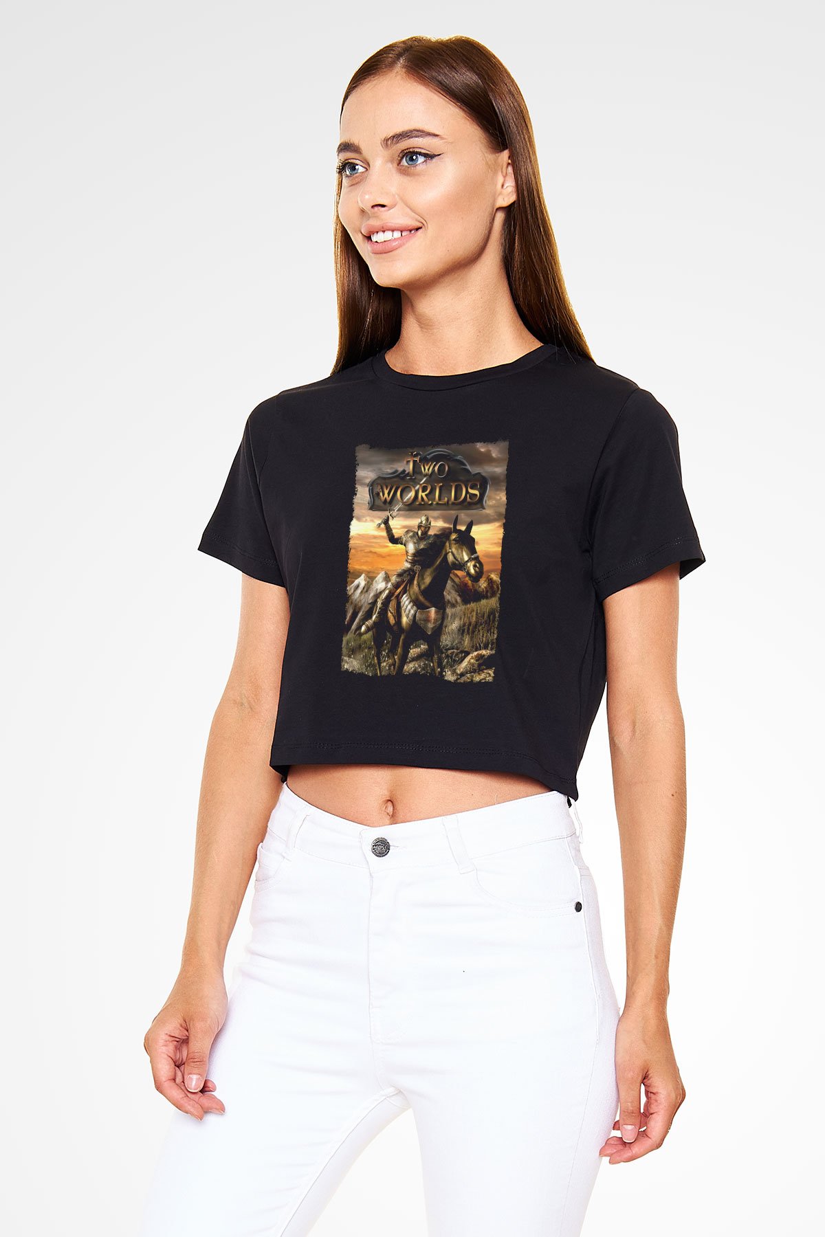 Two Worlds Siyah  Crop Top Tişört