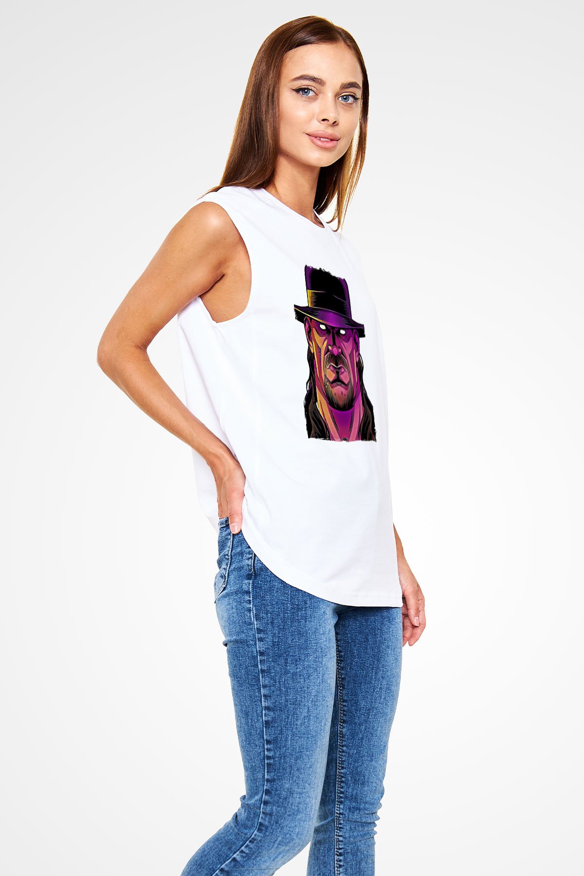 Undertaker Baskılı Beyaz Unisex Kolsuz Tişört - Tshirt