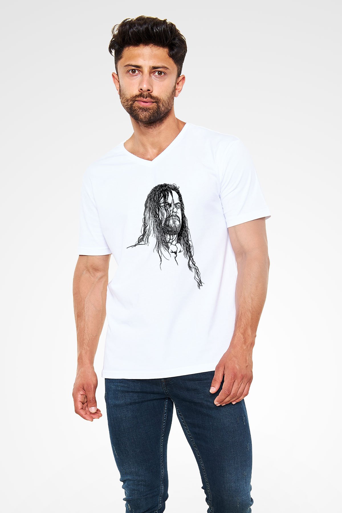Undertaker Baskılı Beyaz Unisex V Yaka Tişört - Tshirt
