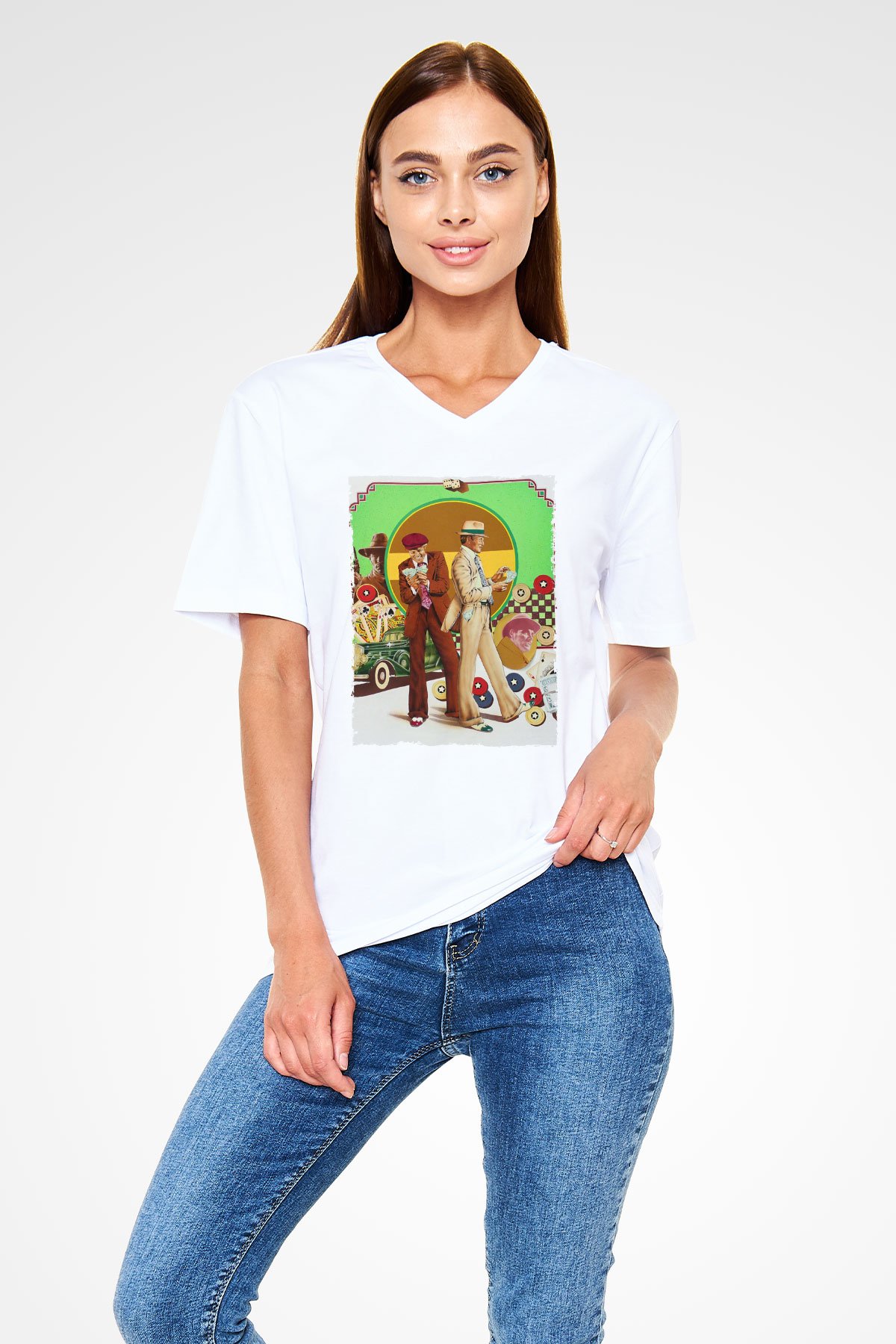 Unisex Belalılar (The Sting) Baskılı Beyaz V Yaka T-shirt