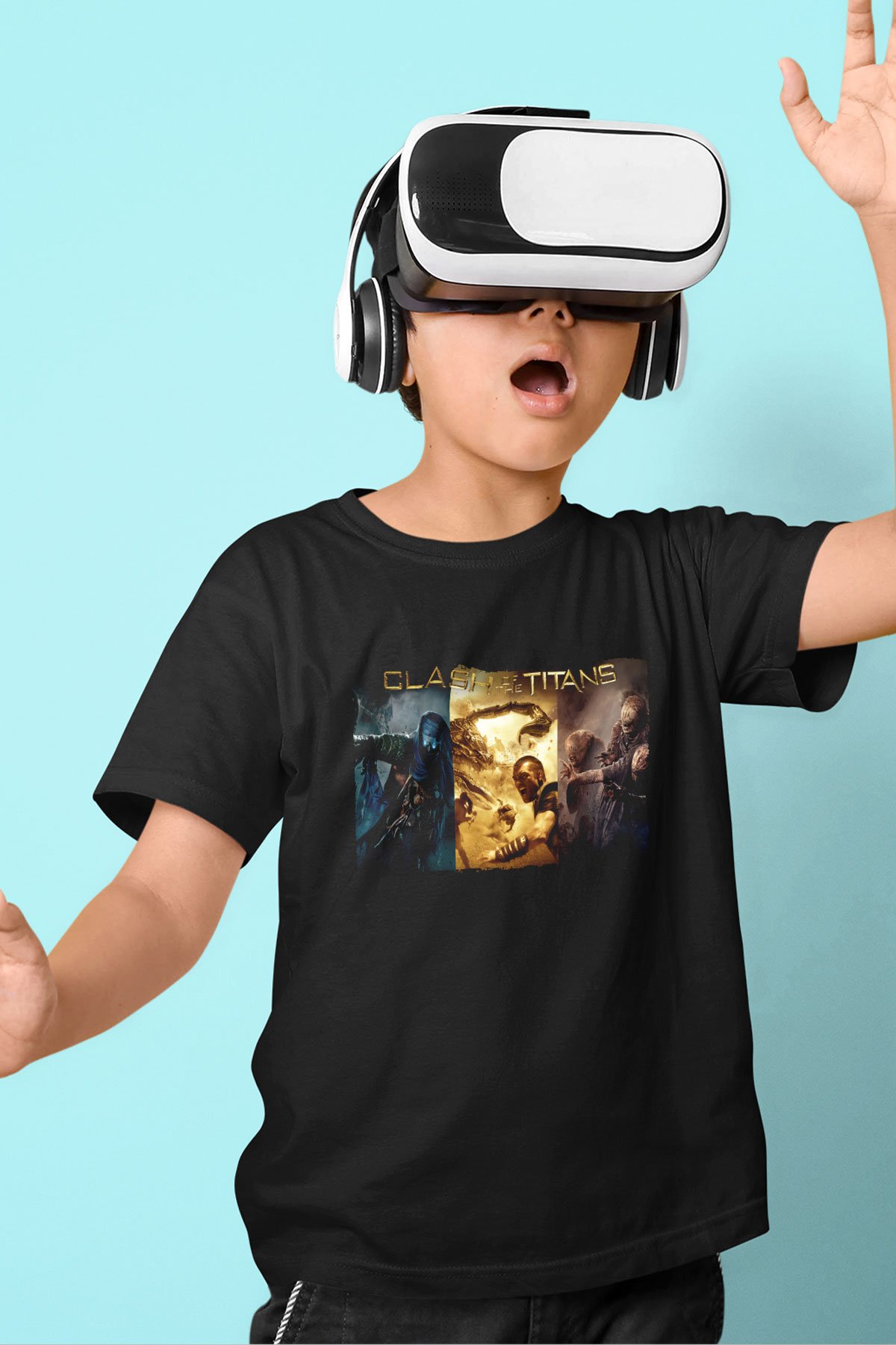 Unisex Clash of the Titans Baskılı Siyah Çocuk Tshirt