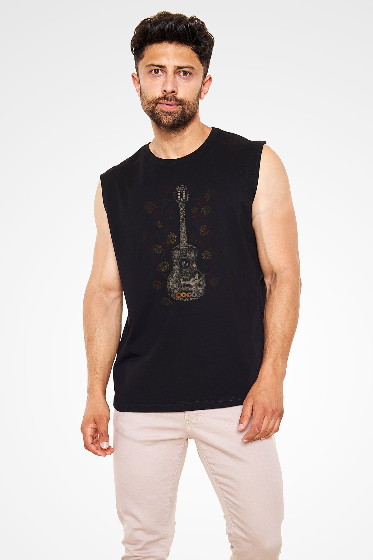 Unisex Coco Baskılı Siyah Kolsuz T-shirt