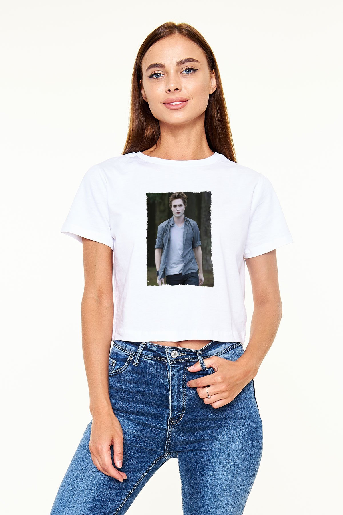 Unisex Edward Cullen Baskılı Beyaz Crop Top Tshirt