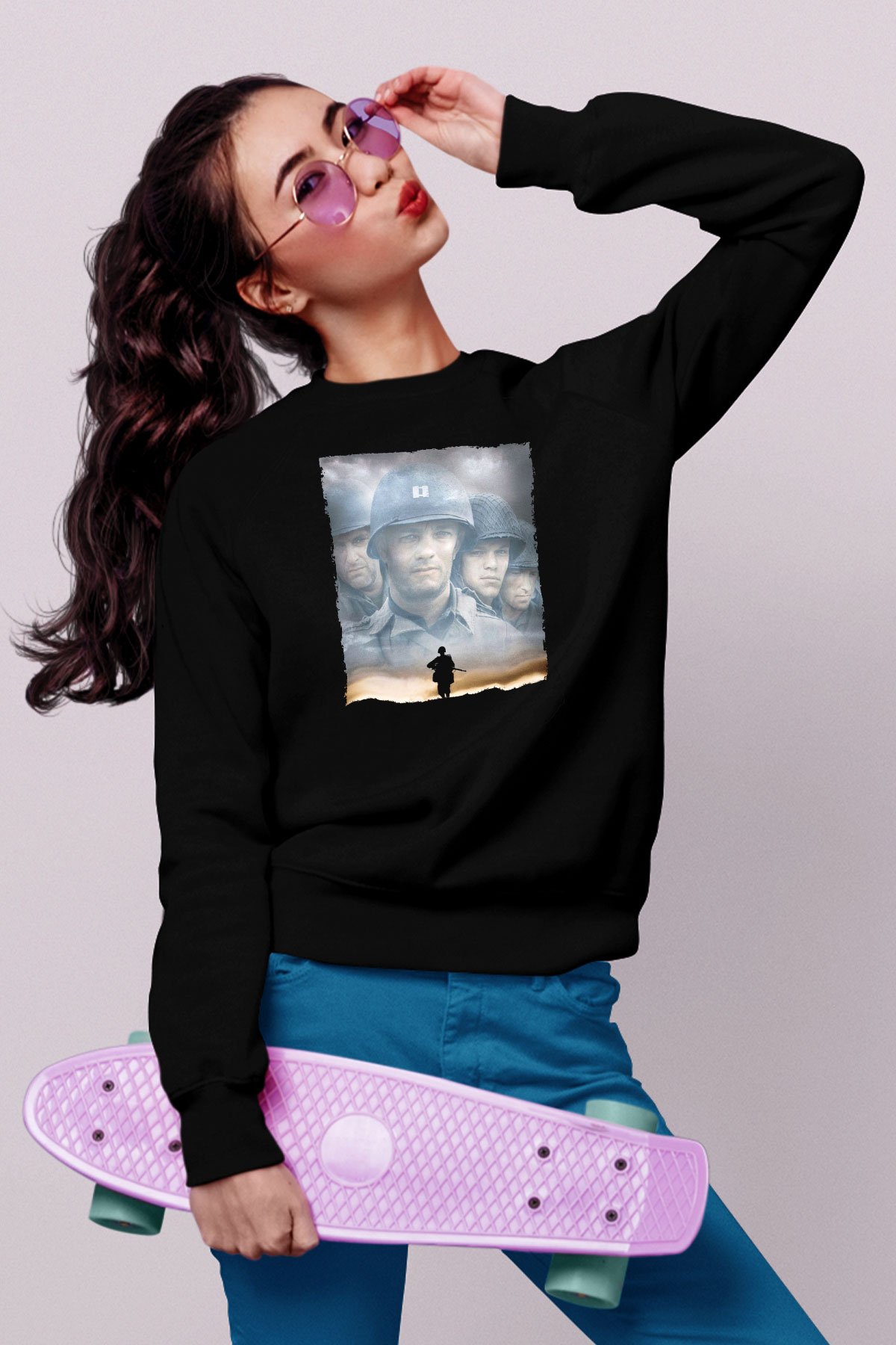 Unisex Er Ryan'ı Kurtarmak (Saving Private Ryan) Baskılı Siyah Sweatshirt