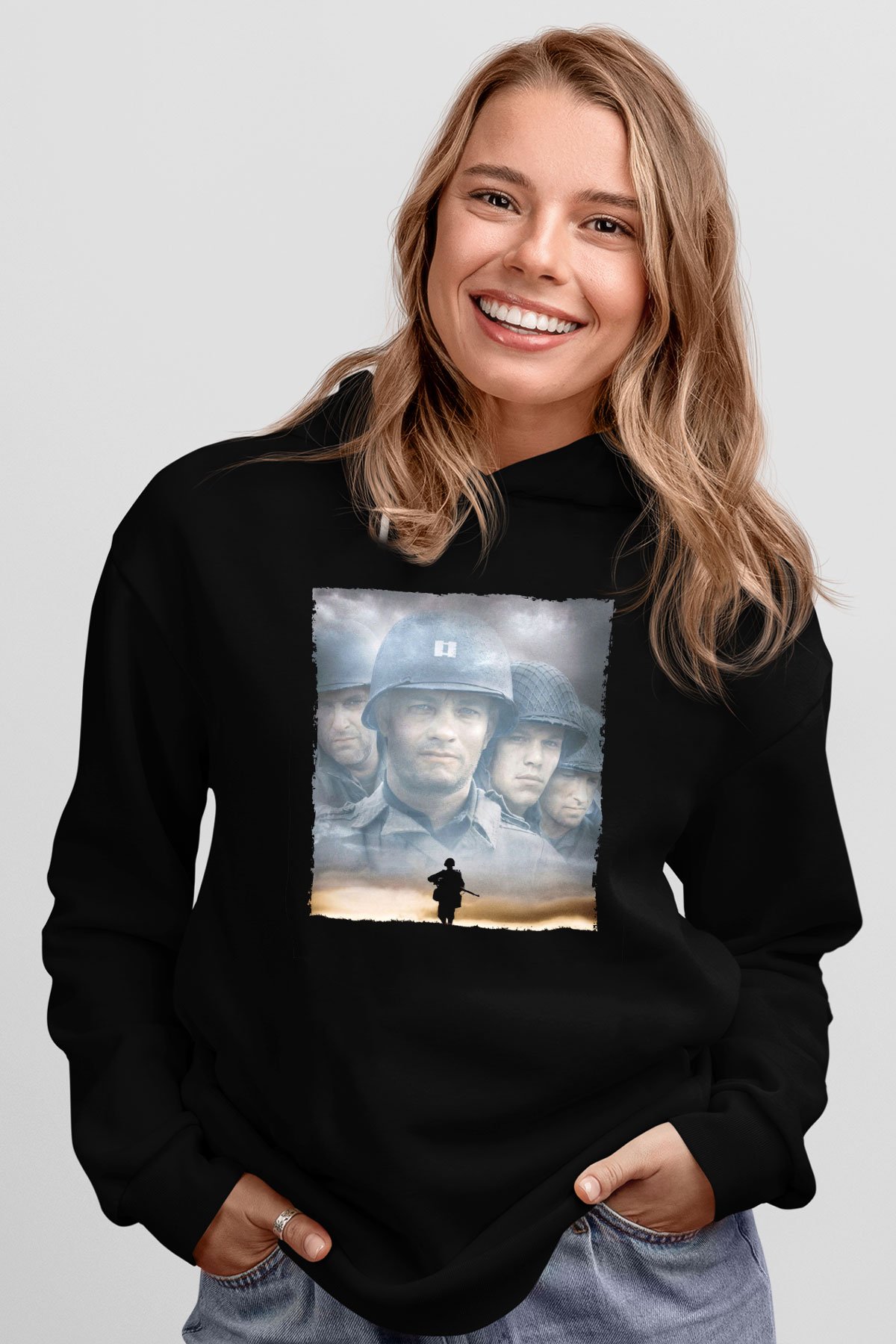 Unisex Er Ryan'ı Kurtarmak (Saving Private Ryan) Baskılı Siyah Kapüşonlu Sweatshirt