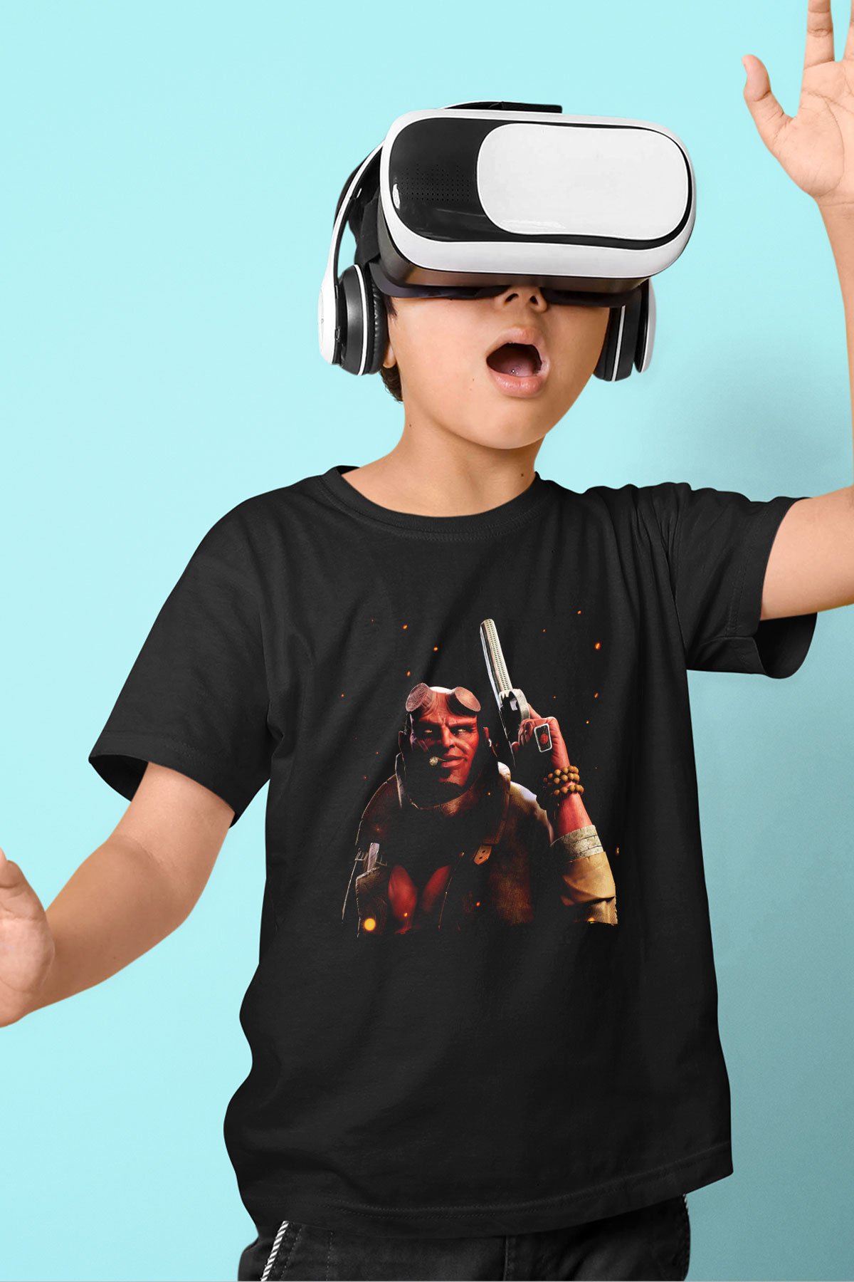 Unisex Hellboy Baskılı Siyah Çocuk Tshirt