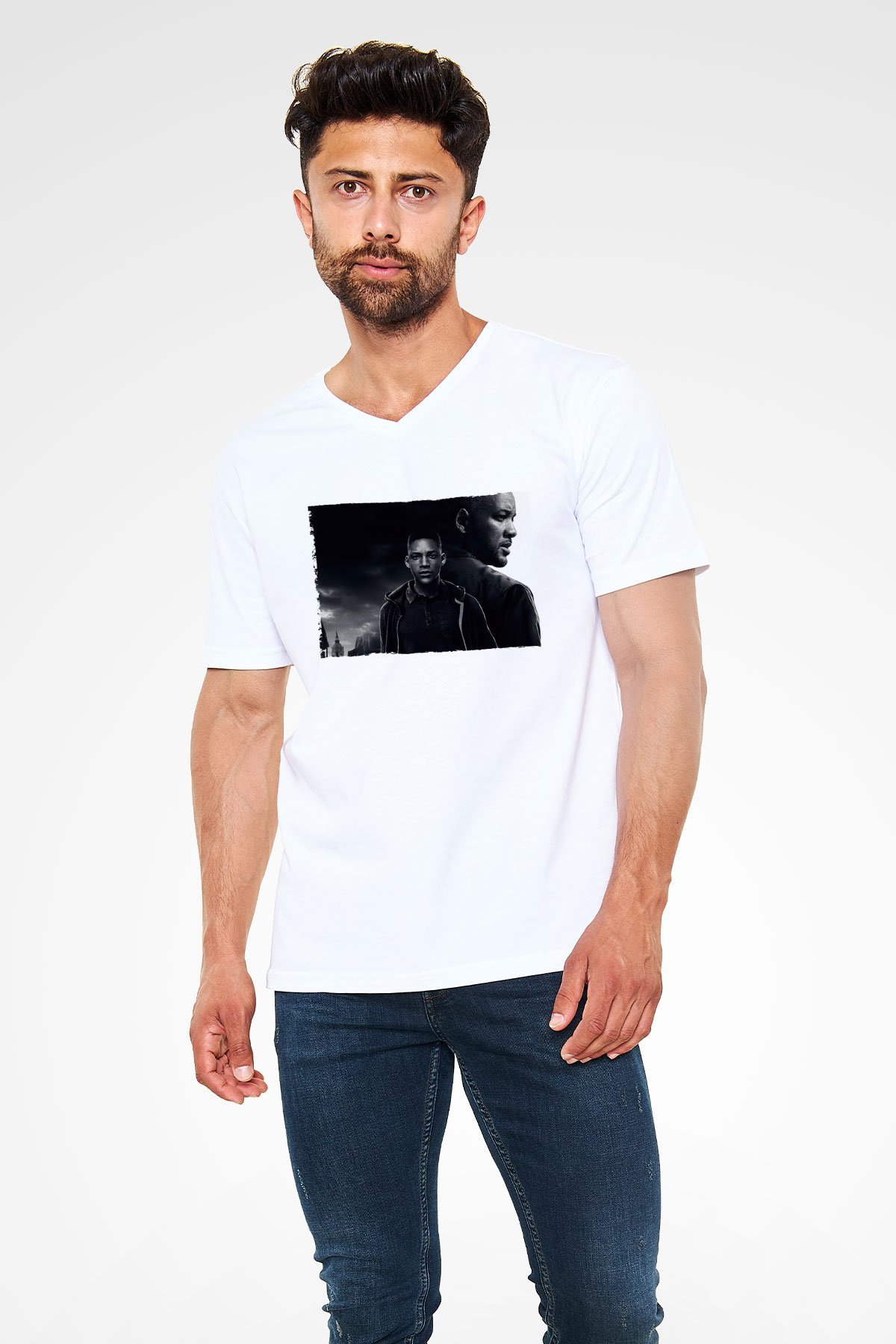 Unisex İkizler Projesi (Gemini Man) Baskılı Beyaz V Yaka Tişört