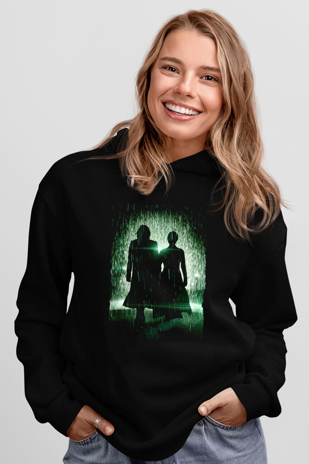 Unisex Matrix Baskılı Siyah Kapüşonlu Sweatshirt