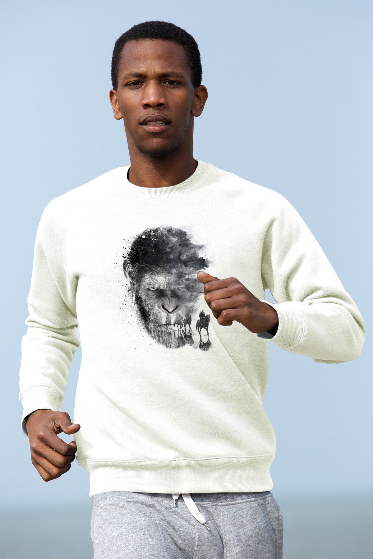 Unisex Maymunlar Cehennemi Savaş (War for the Planet of the Apes) Baskılı Beyaz Sweatshirt