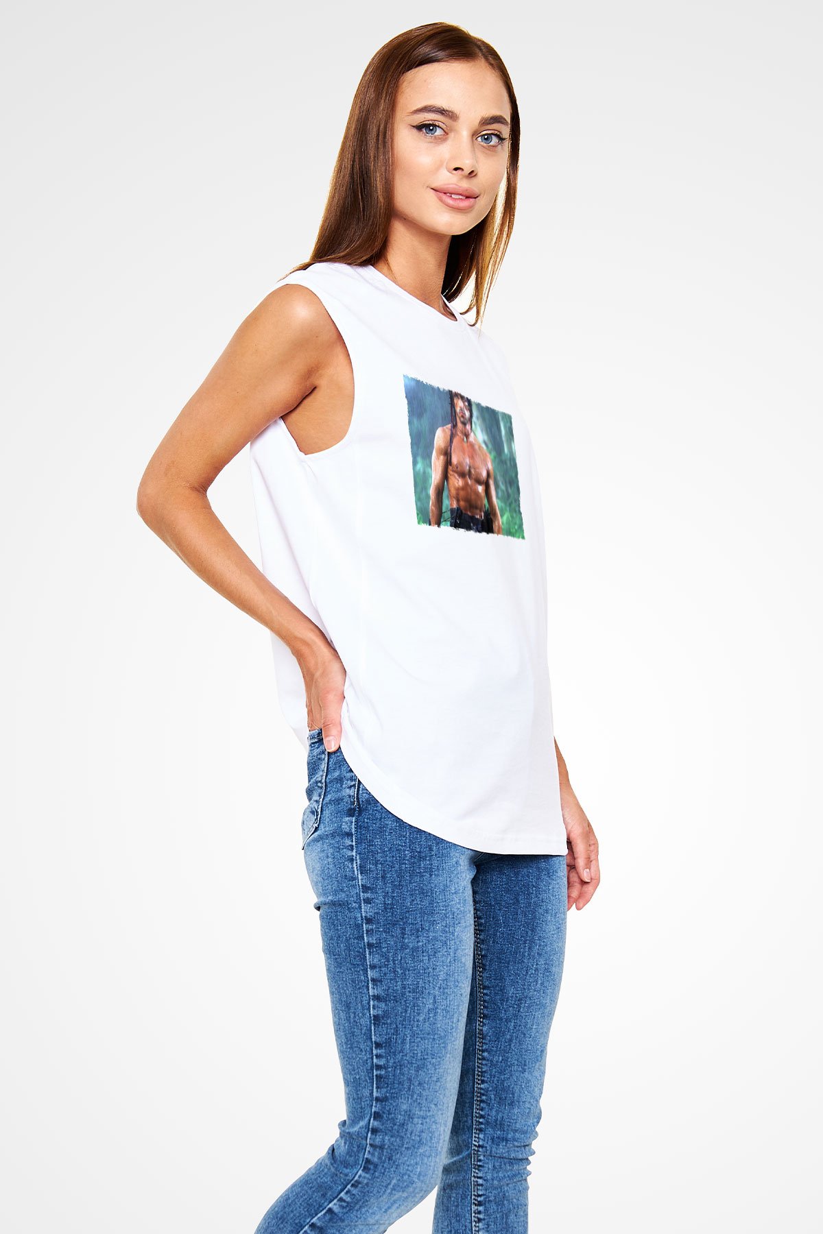 Unisex Rambo Baskılı Beyaz Kolsuz Tshirt