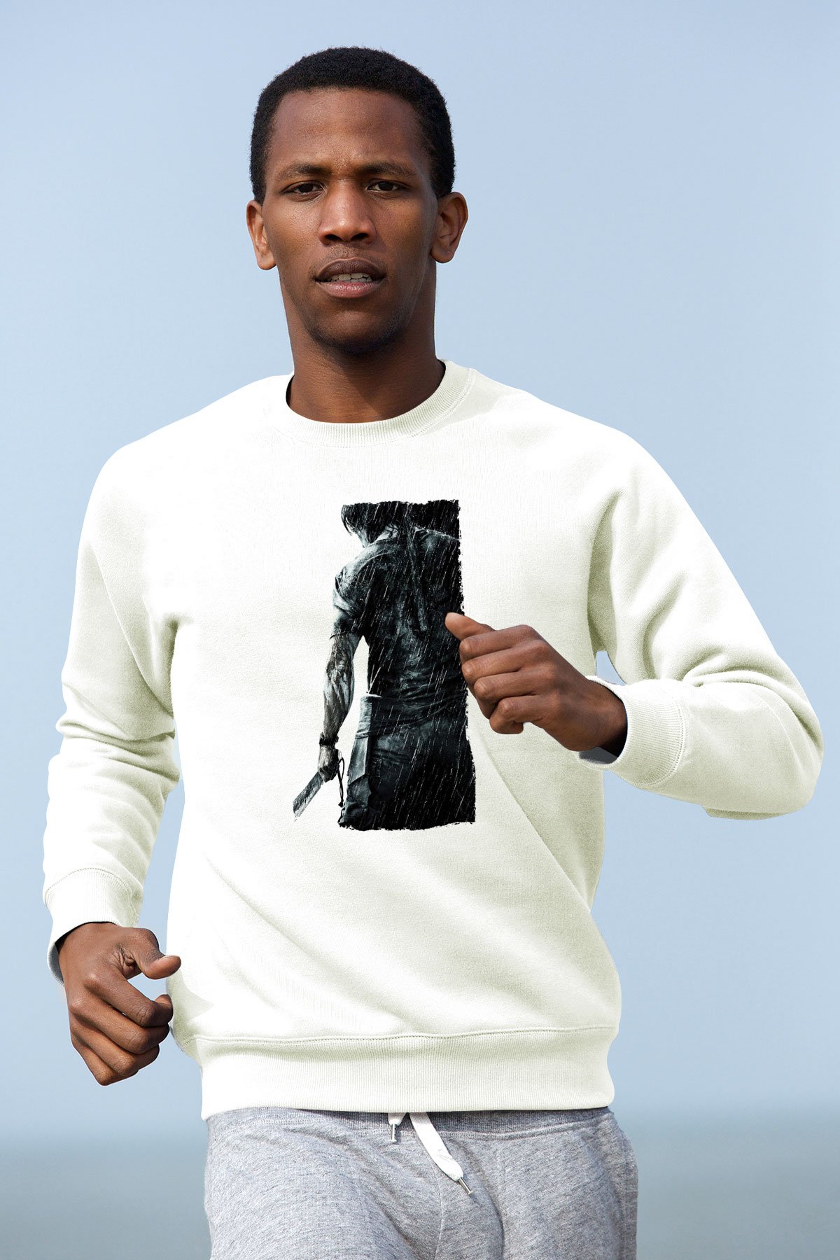 Unisex Rambo Baskılı Beyaz Sweatshirt