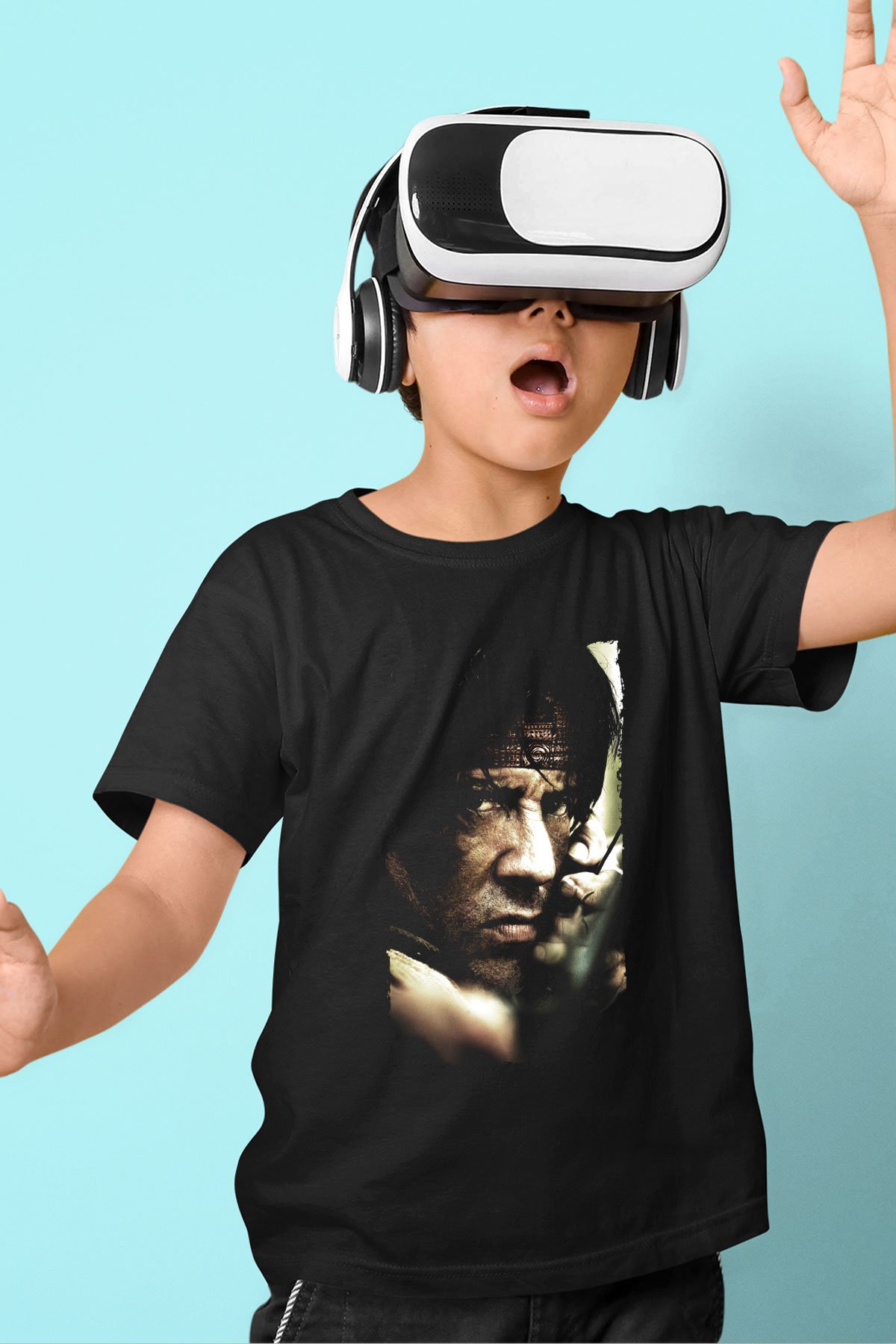 Unisex Rambo Baskılı Siyah Çocuk T-Shirt