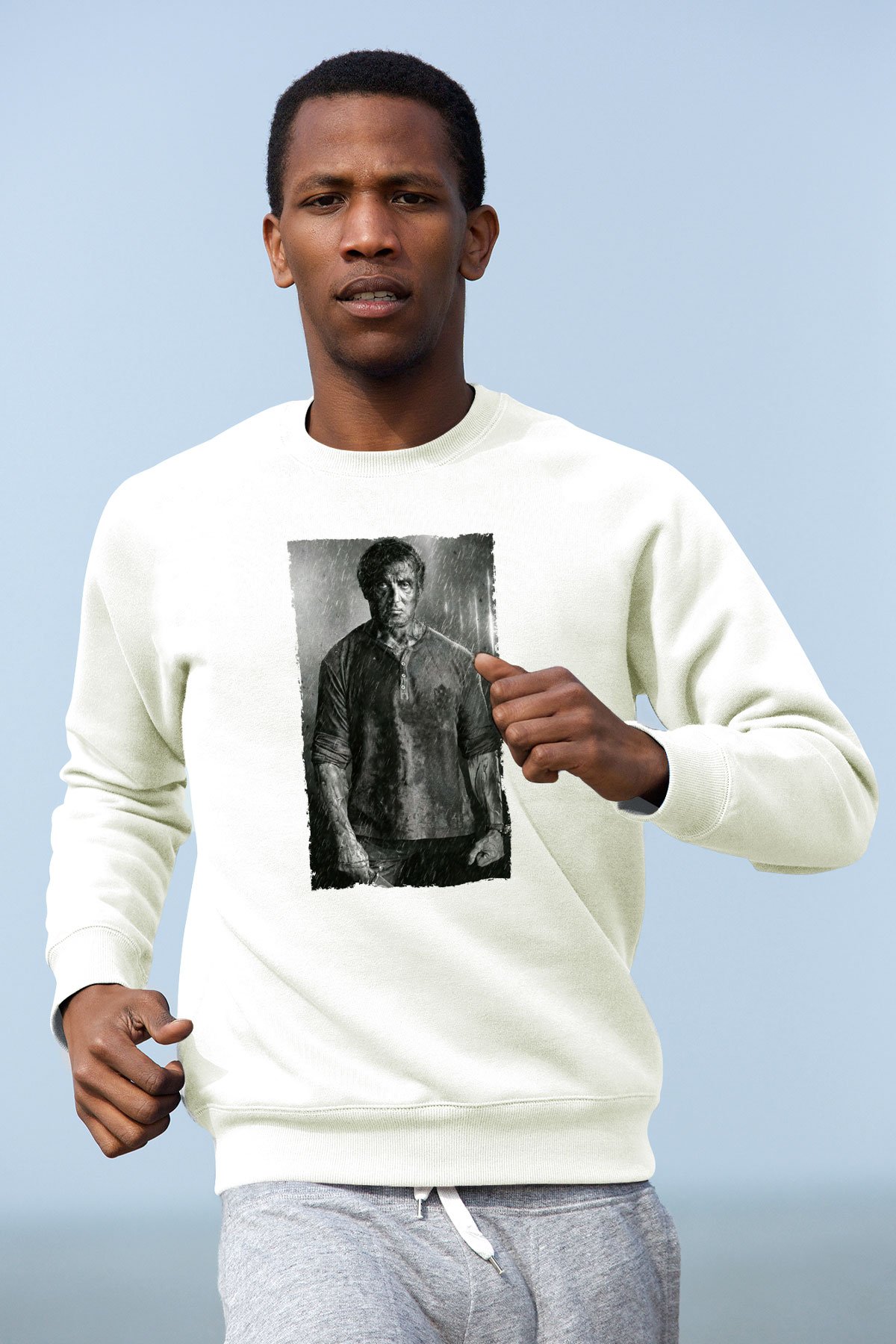 Unisex Rambo Son Kan (Rambo Last Blood) Baskılı Beyaz Sweatshirt