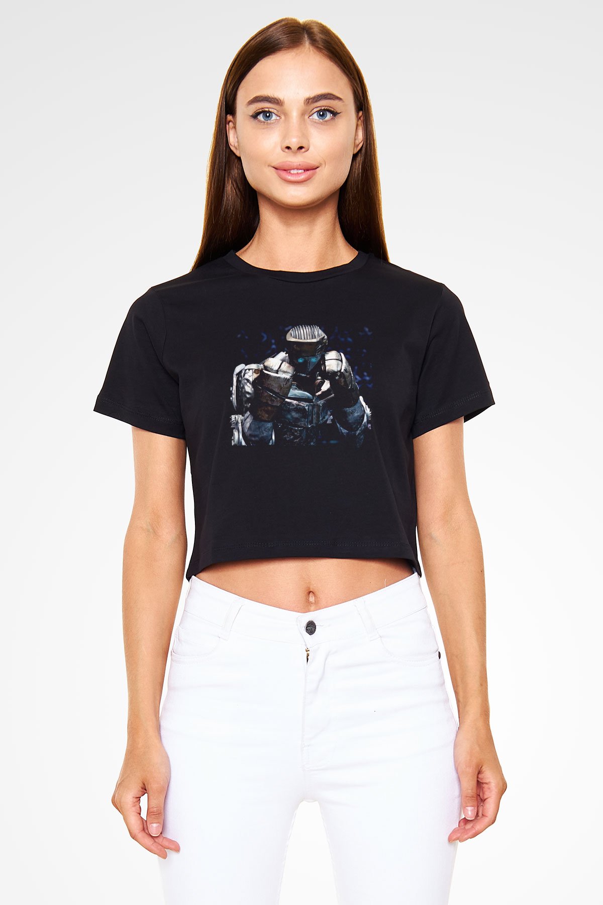 Unisex Real Steel Baskılı Siyah Crop Top Tişört
