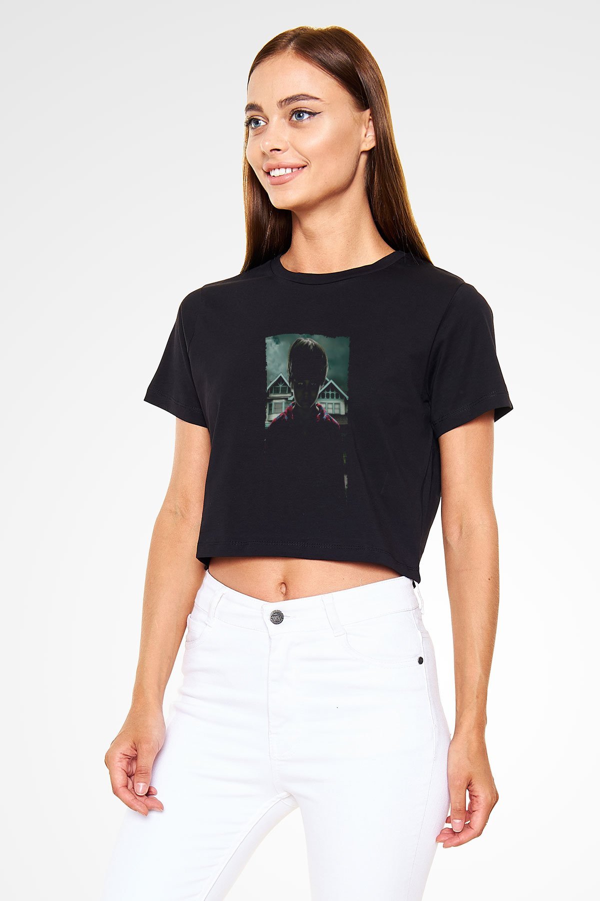 Unisex Ruhlar Bölgesi (Insidious) Baskılı Siyah Crop Top Tişört