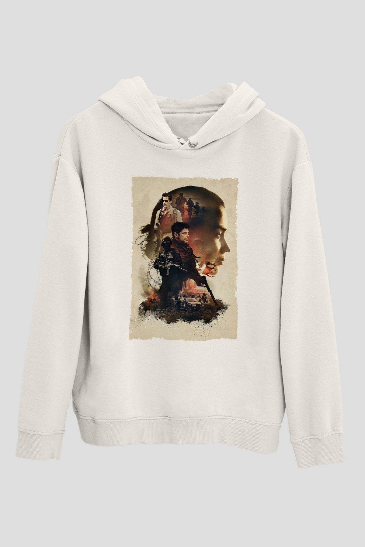 Unisex Sicario Baskılı Beyaz Kapüşonlu Sweatshirt