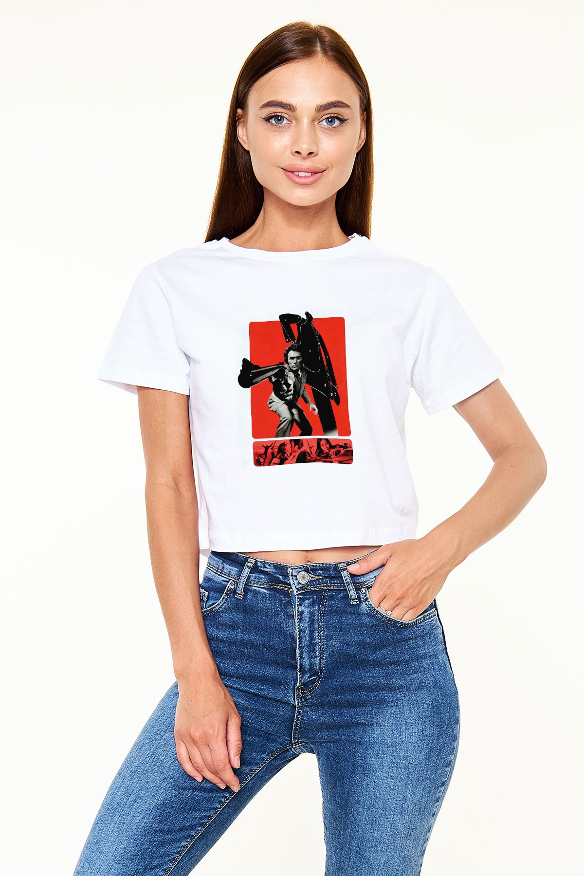 Unisex Silahın Gücü (Magnum Force) Baskılı Beyaz Crop Top Tişört
