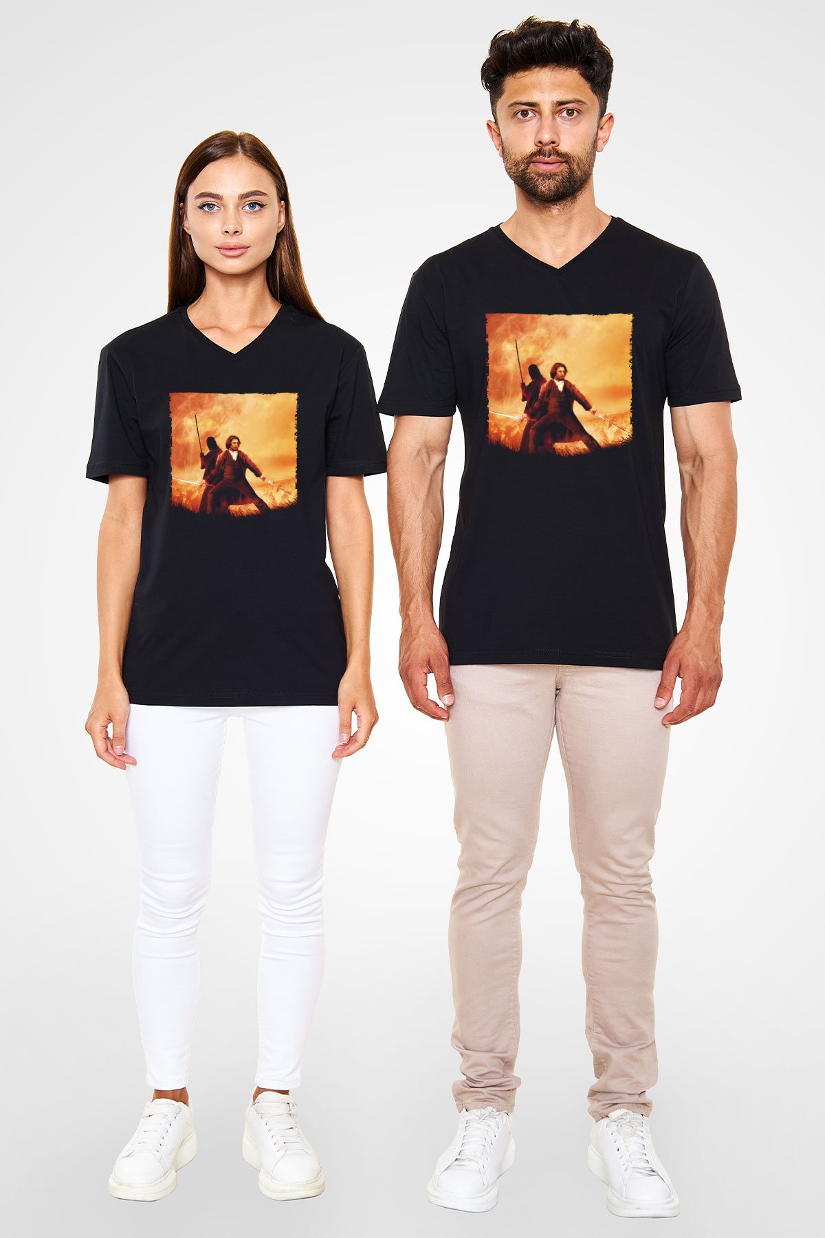 Unisex Son Samuray (The Last Samurai) Baskılı Siyah V Yaka Tshirt