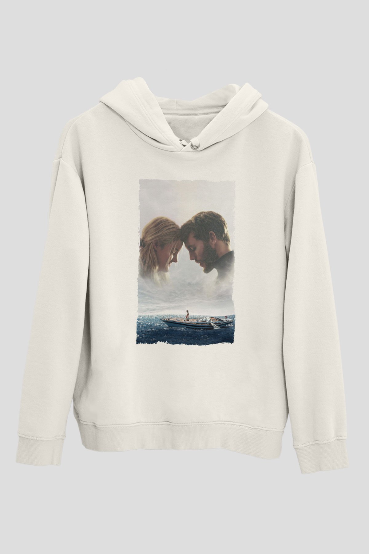 Unisex Sürükleniş - Adrift Baskılı Beyaz Kapüşonlu Sweatshirt