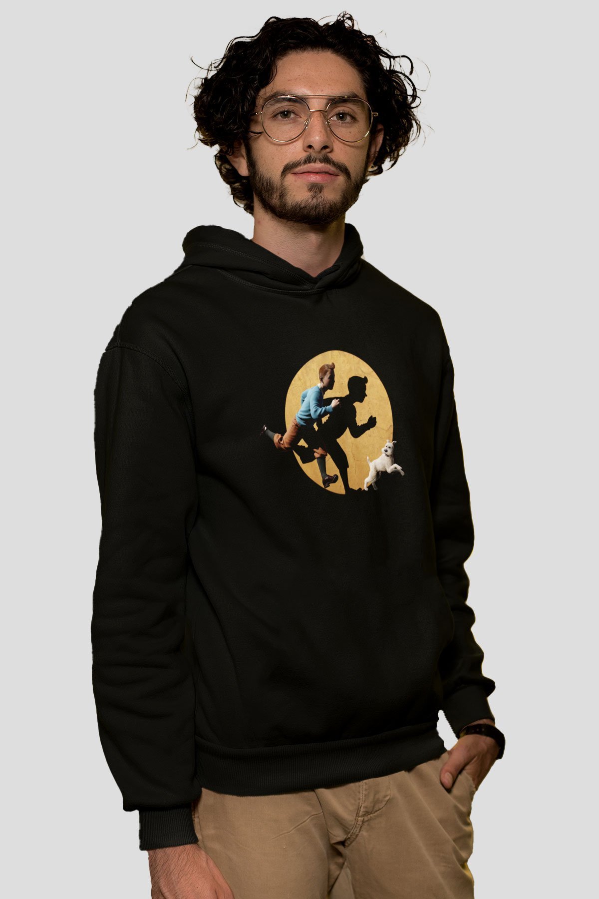 Unisex Tenten'in Maceraları (The Adventures of Tintin) Baskılı Siyah Kapüşonlu Sweatshirt