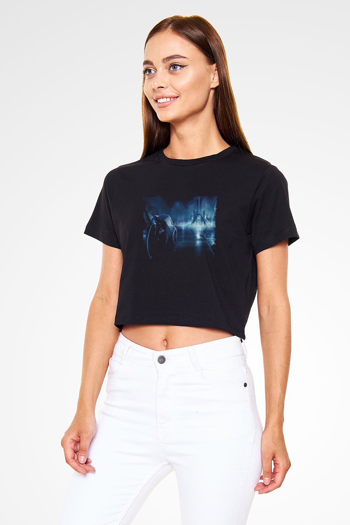 Unisex Tron Baskılı Siyah Crop Top T-shirt