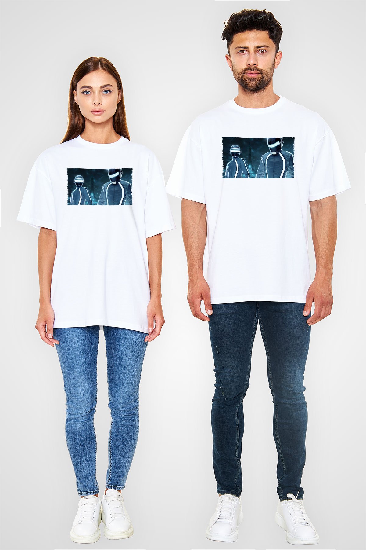 Unisex Tron Legacy Baskılı Beyaz Oversize Oversize T-shirt