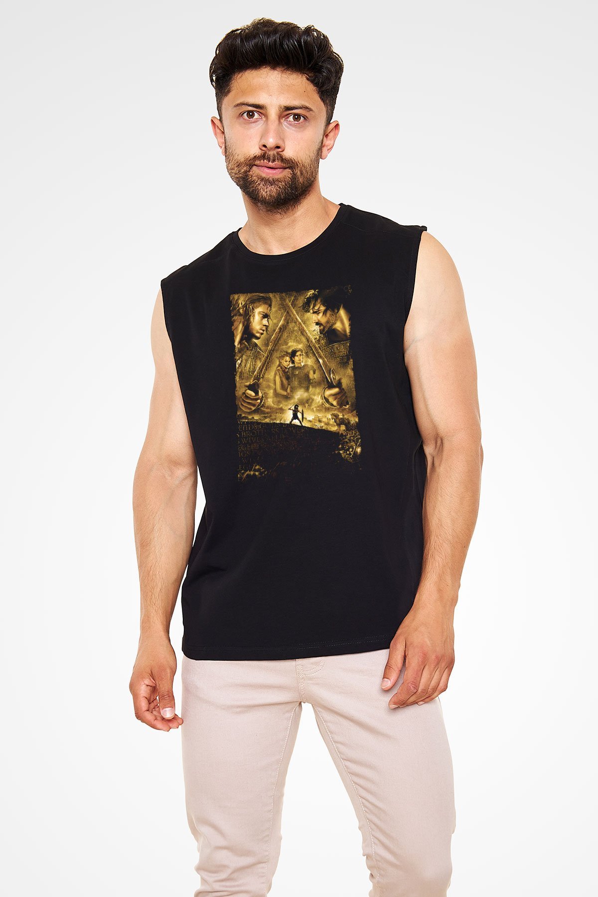 Unisex Truva (Troy) Baskılı Siyah Kolsuz Tişört