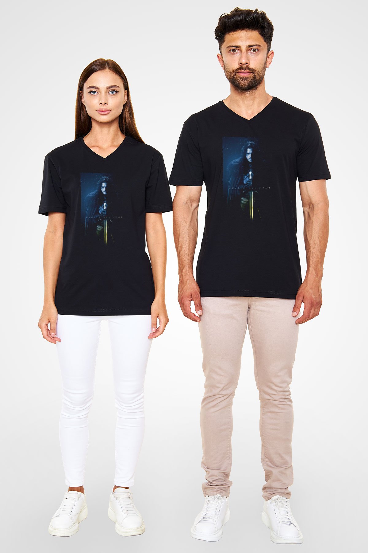 Unisex Unisex Game of Thrones Baskılı Siyah V Yaka Tshirt
