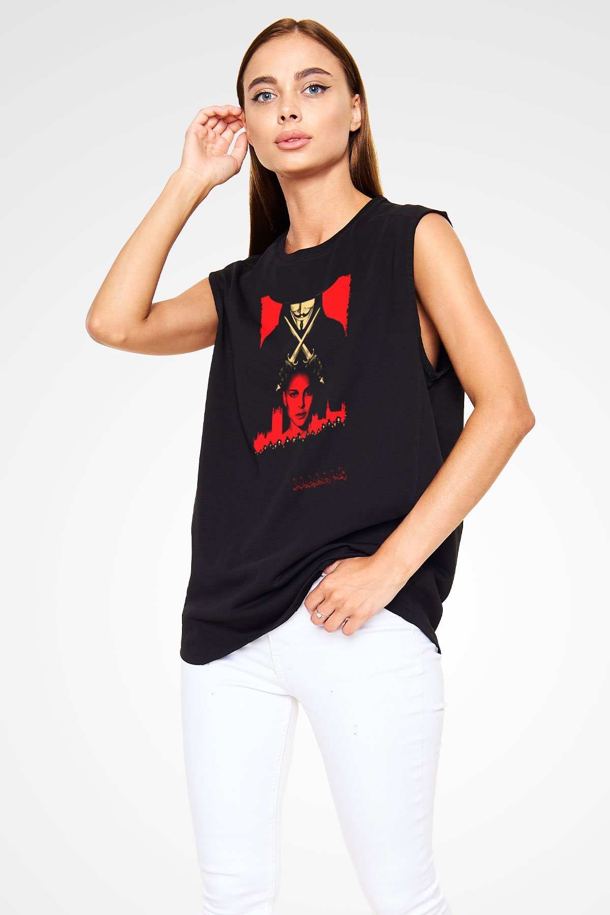 Unisex V for Vendetta Baskılı Siyah Kolsuz Tshirt