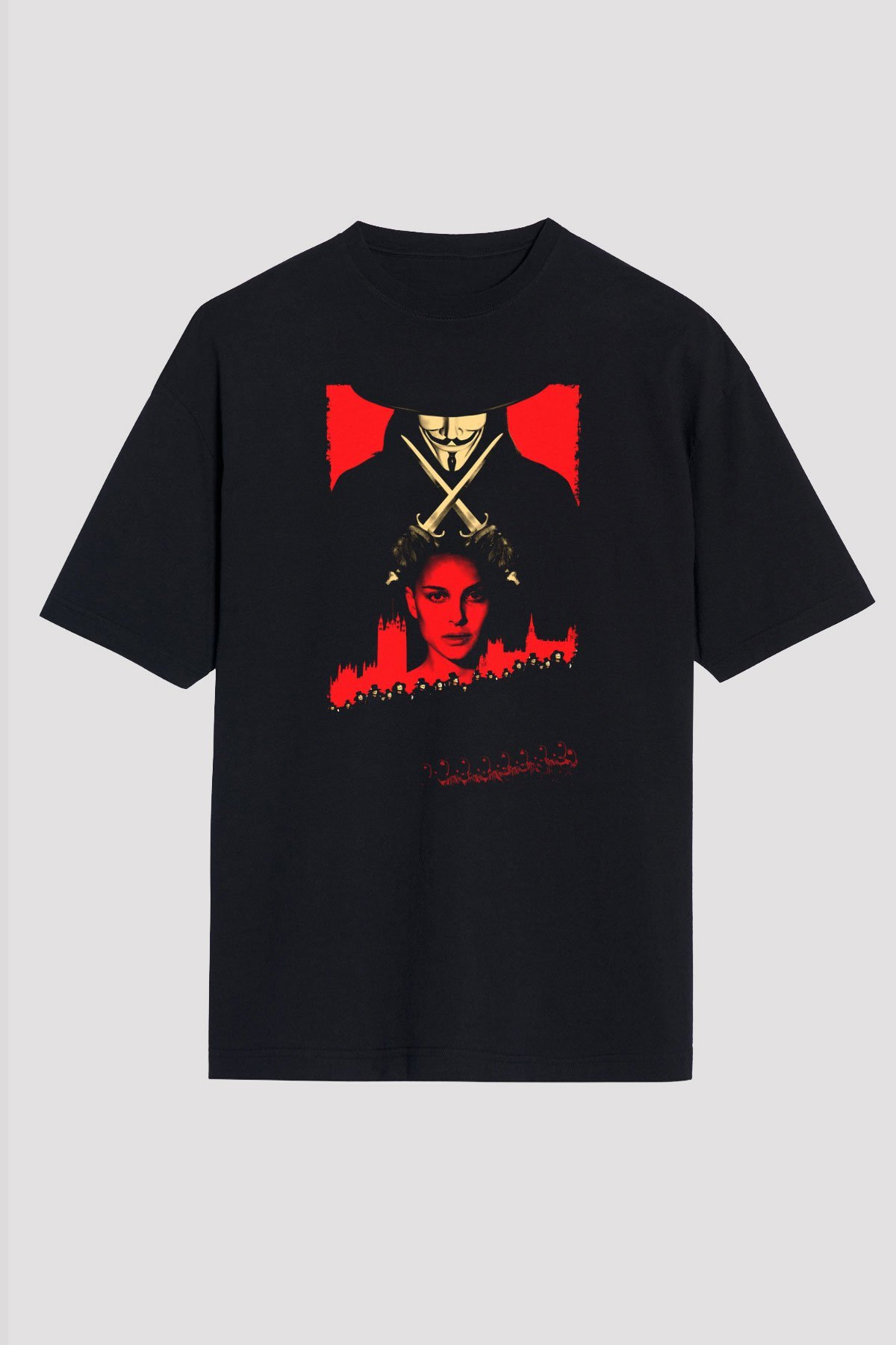 Unisex V for Vendetta Baskılı Siyah Oversize Tshirt