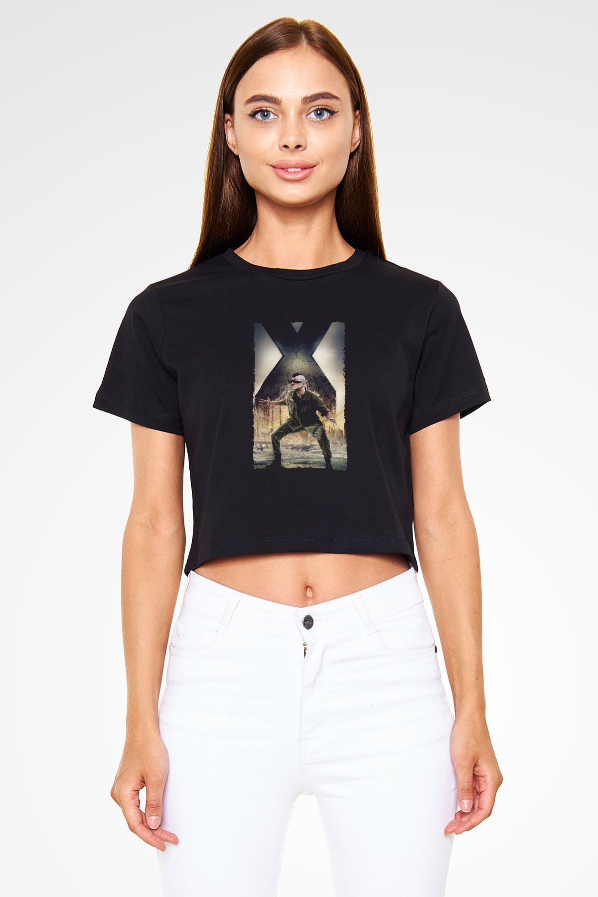 Unisex X-Men Days of Future Past Baskılı Siyah Crop Top Tişört