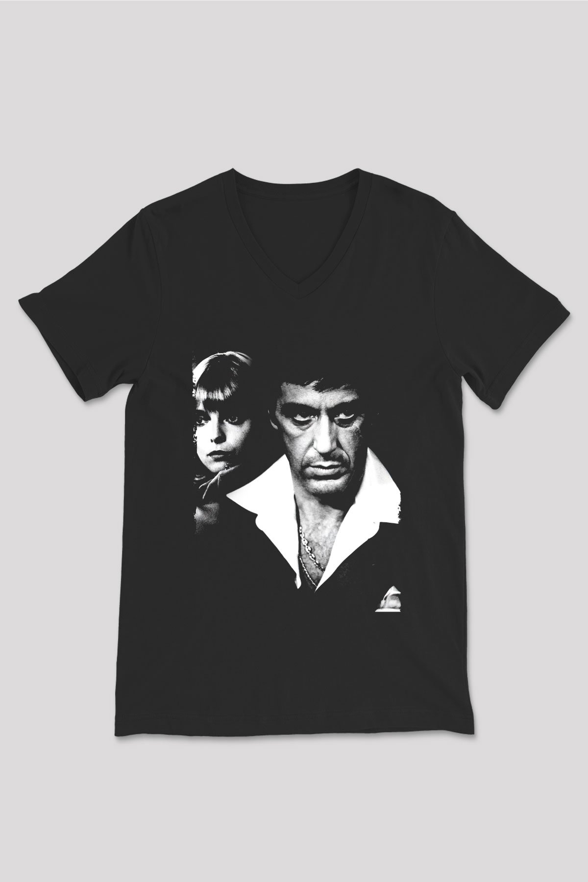 Unisex Yaralı Yüz (Scarface) Baskılı Siyah V Yaka Tişört