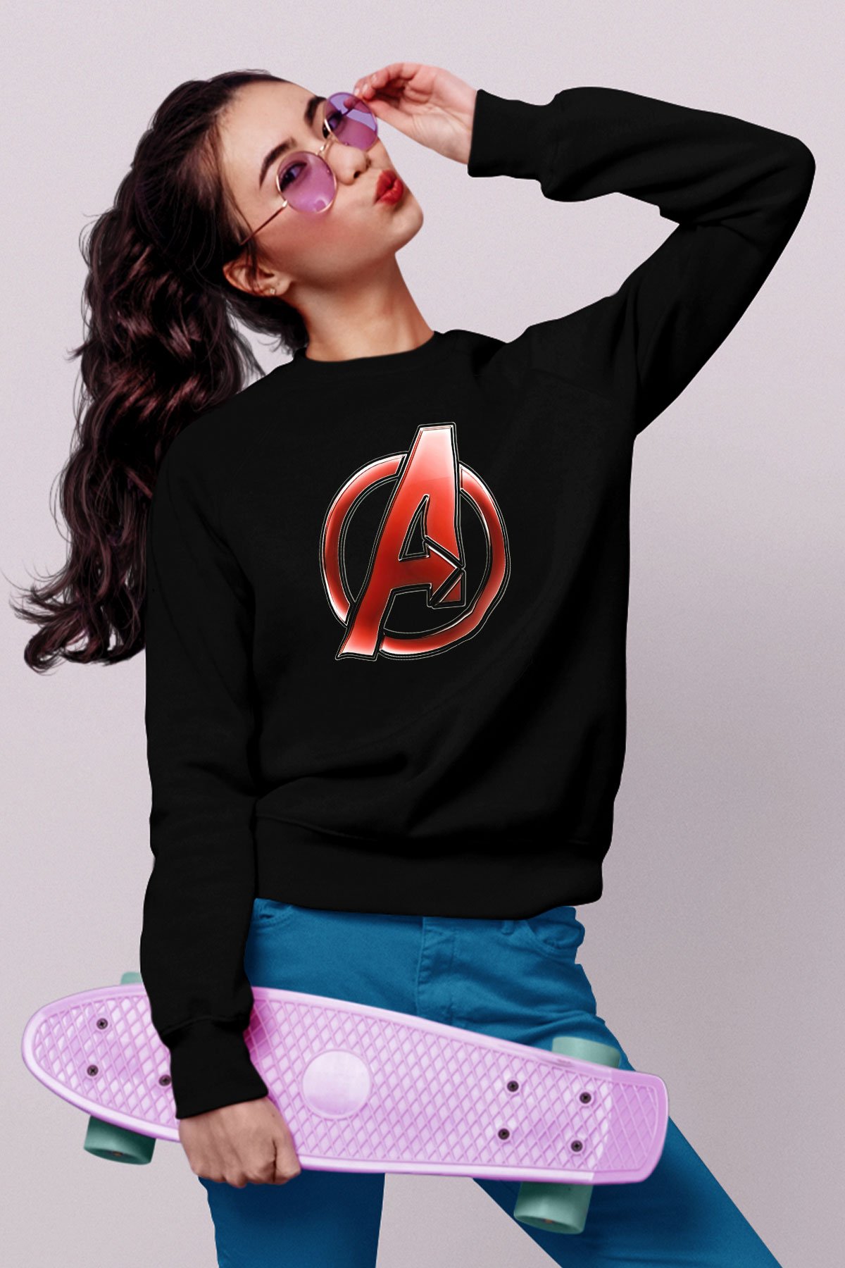 Unisex Yenilmezler (Avengers) Baskılı Siyah Sweatshirt