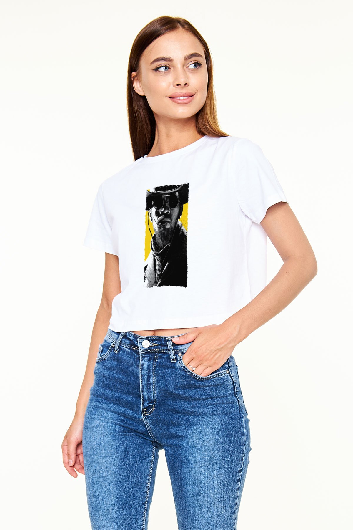Unisex Zincirsiz - Django Unchained Baskılı Beyaz Crop Top Tshirt