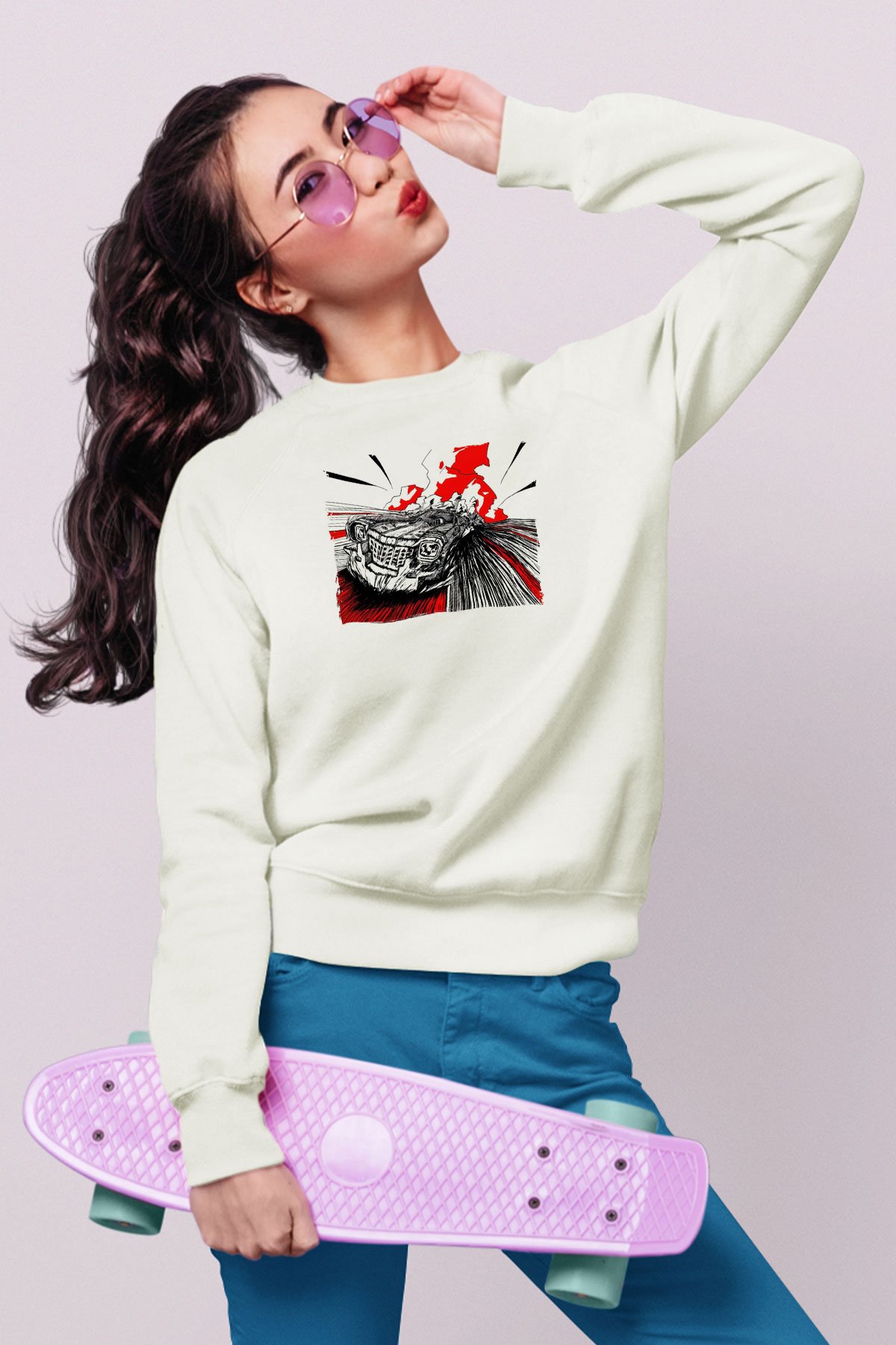 Yarış Arabası Baskılı Unisex Beyaz  Sweatshirt