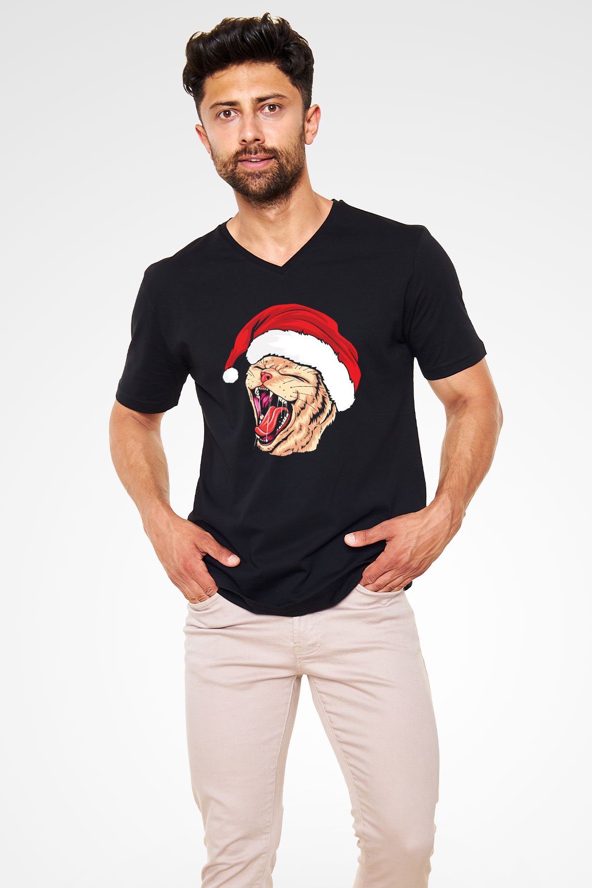 Yeni Yıl Kedi Baskılı Unisex Siyah  V Yaka Tişört