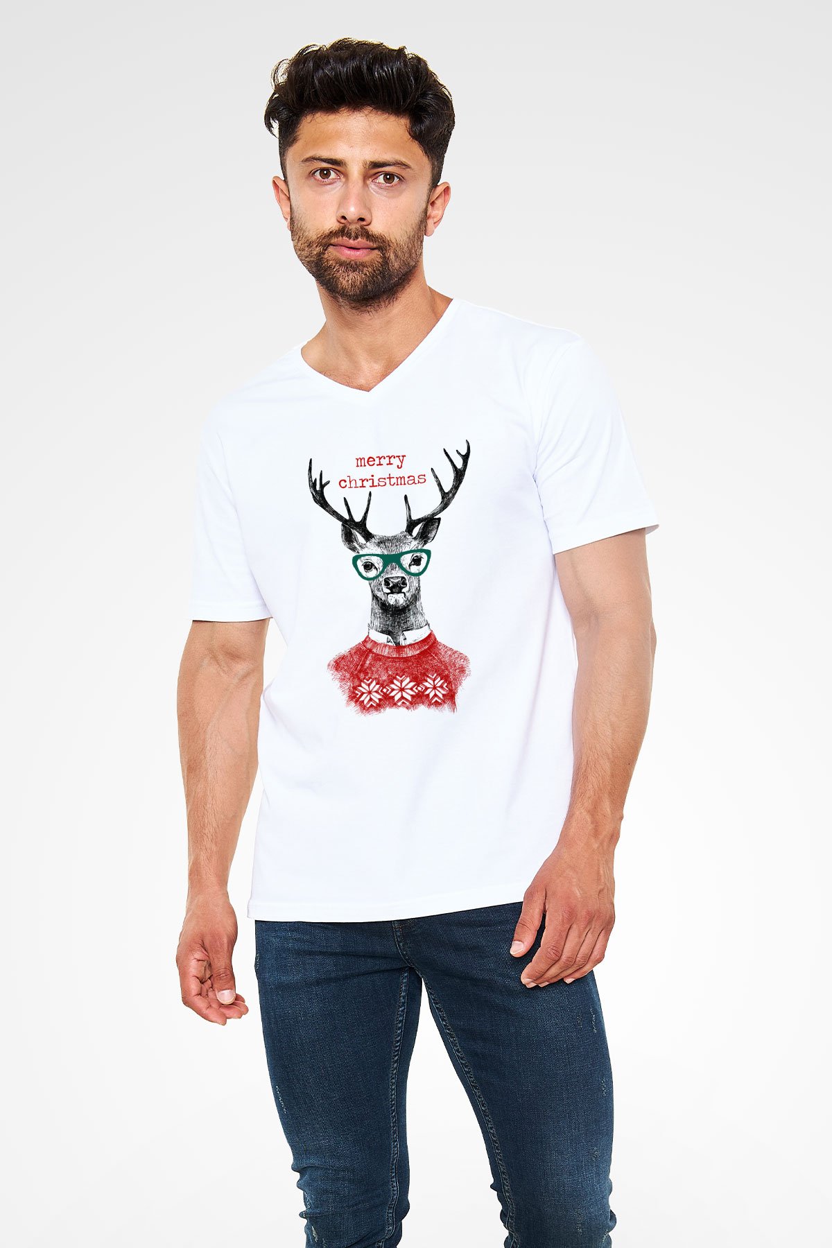 Yılbaşı Beyaz Unisex V Yaka Tişört T-Shirt