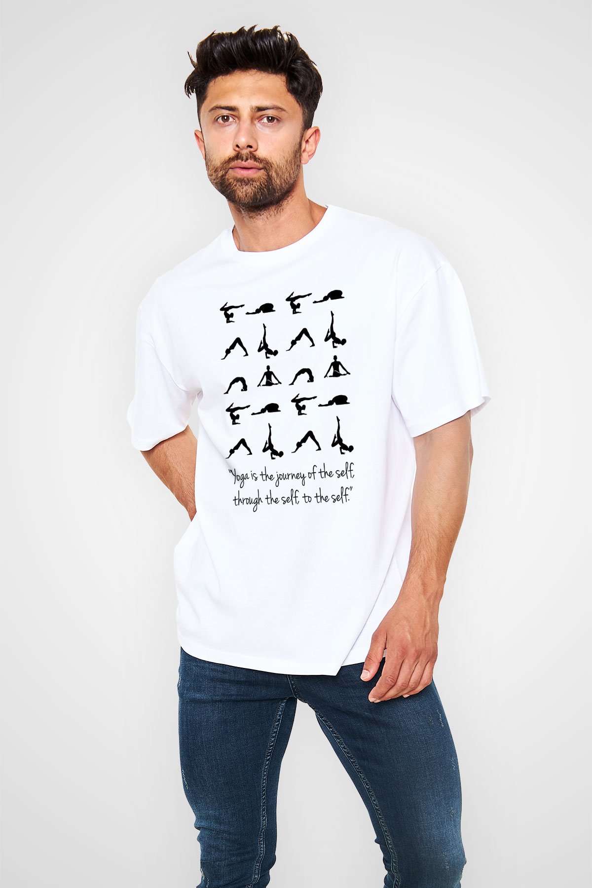Yoga Baskılı Unisex Beyaz Oversize Tişört - Tshirt