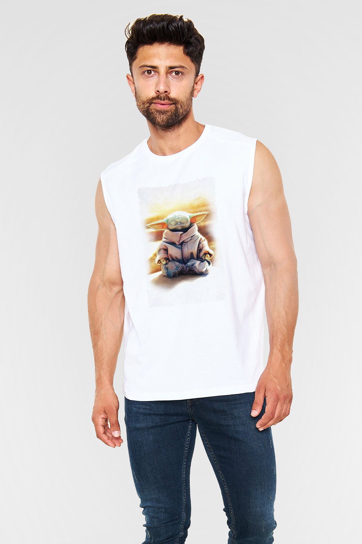 Yoga Yoda Baskılı Unisex Beyaz  Kolsuz Tişört