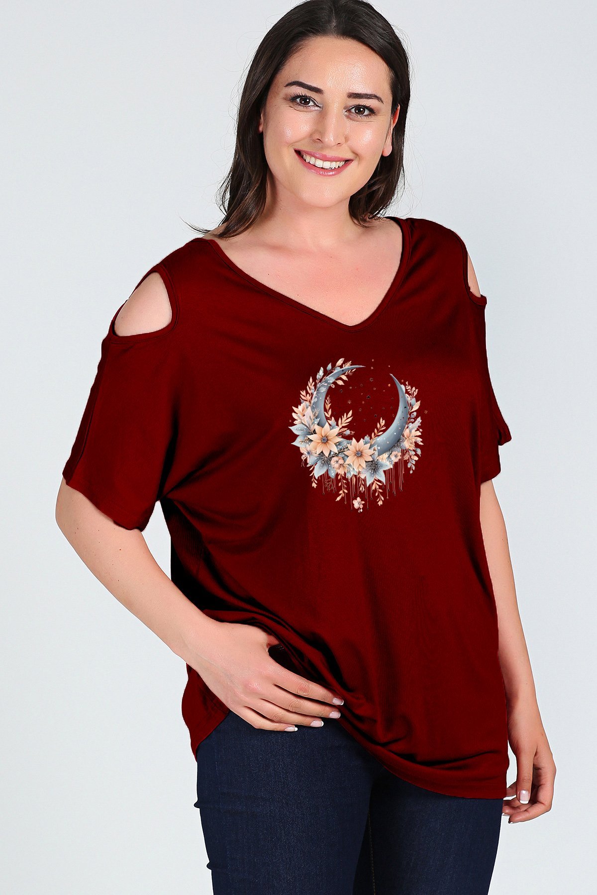 Büyük Beden Boho Hilal Baskılı Omuzu V Pencere Kısa Kol Bluz BordoCurvy TrendBüyük Beden Boho Hilal Baskılı Omuzu V Pencere Kısa Kol Bluz Bordo