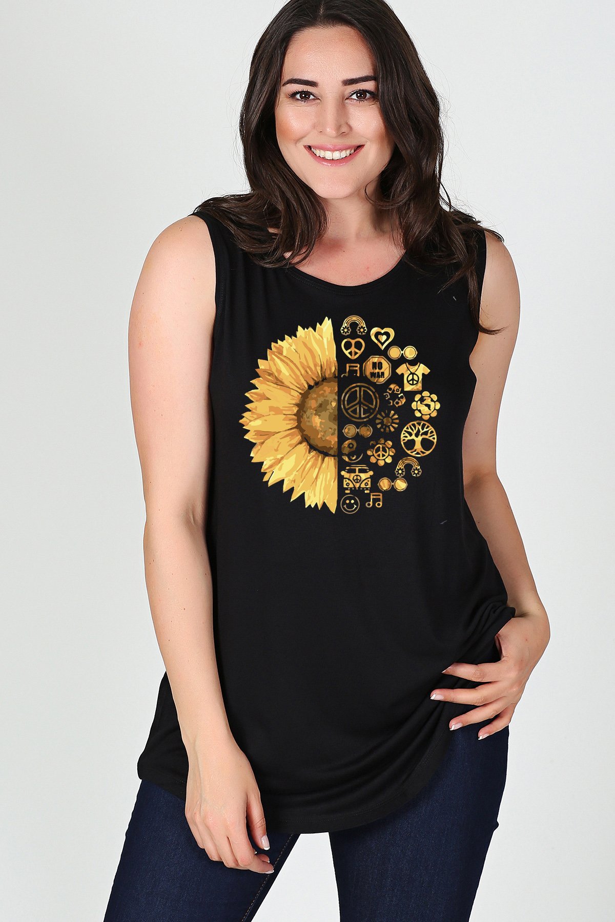 Büyük Beden Sun Flower Baskılı Kolsuz Viskon Basic Bluz SiyahCurvy TrendBüyük Beden Sun Flower Baskılı Kolsuz Viskon Basic Bluz Siyah