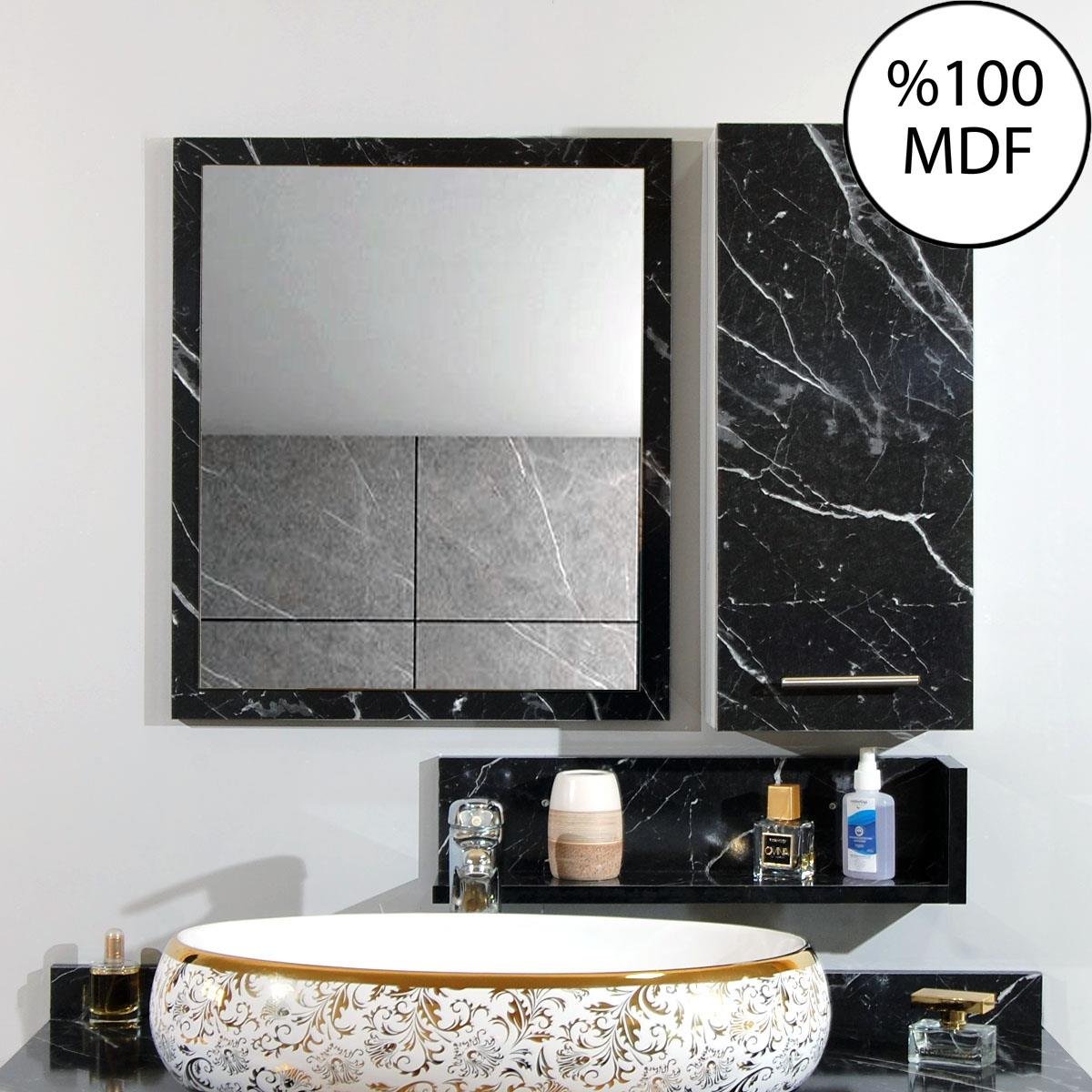 Nurcelant Banyo Dolabı Aynalı Raflı 80 cm Üst Modül Siyah